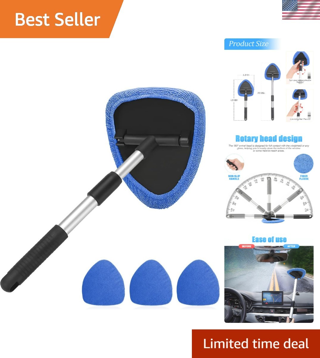 Car Window Cleaner with Extendable Long Handle and 4 Washable Reusable Microf…