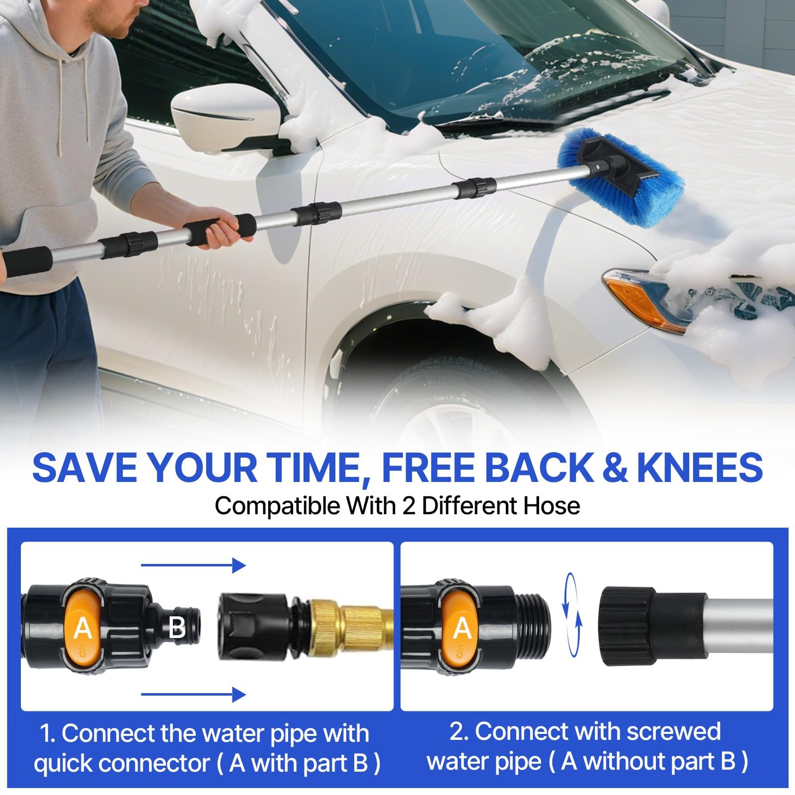 64 Inch Car Wash Brush Long Handle FlowThrough AntiScratch Hose Attachment