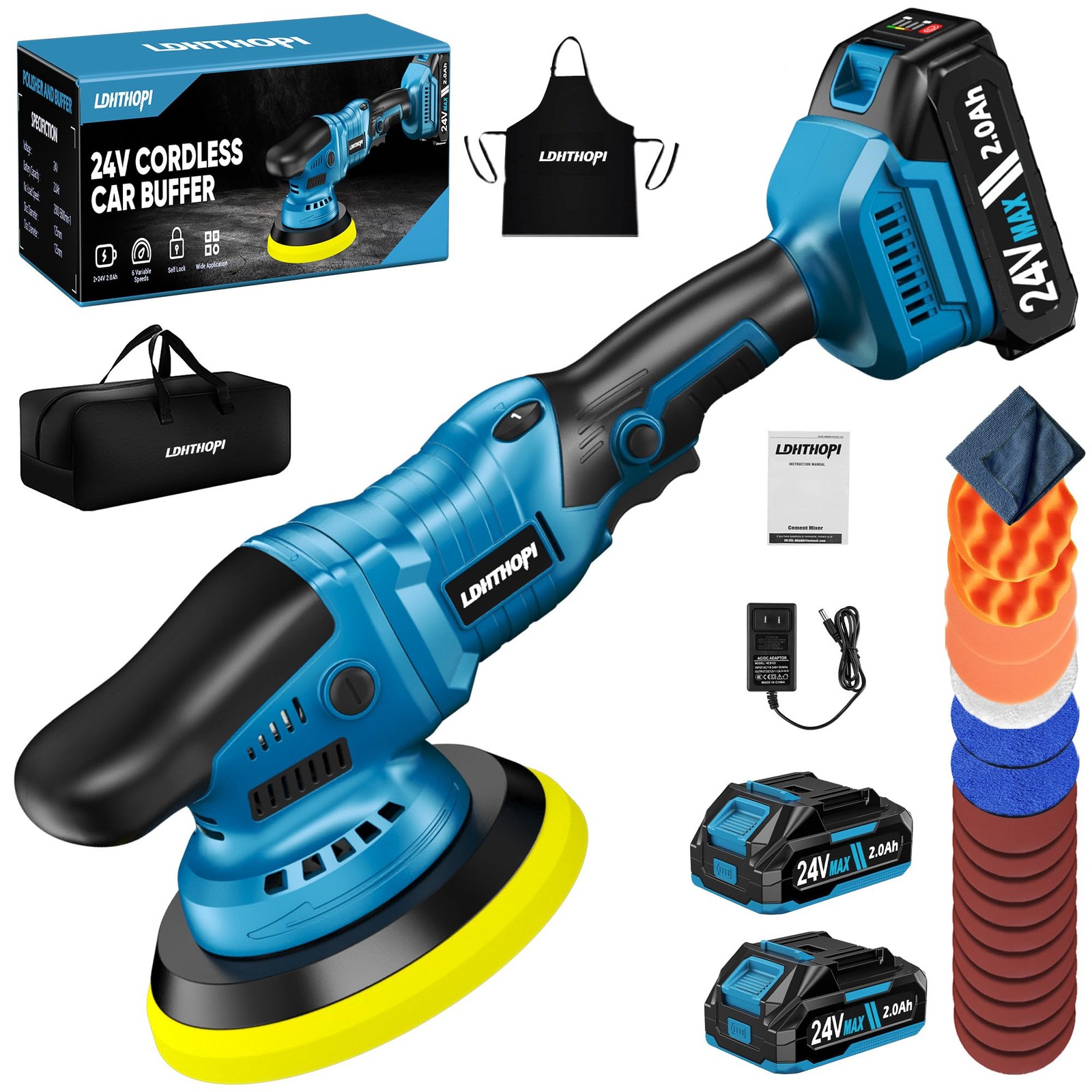 23PCS Cordless Buffer Polisher Kit with 2×2.0Ah Battery & Charger, 10000RPM 1…