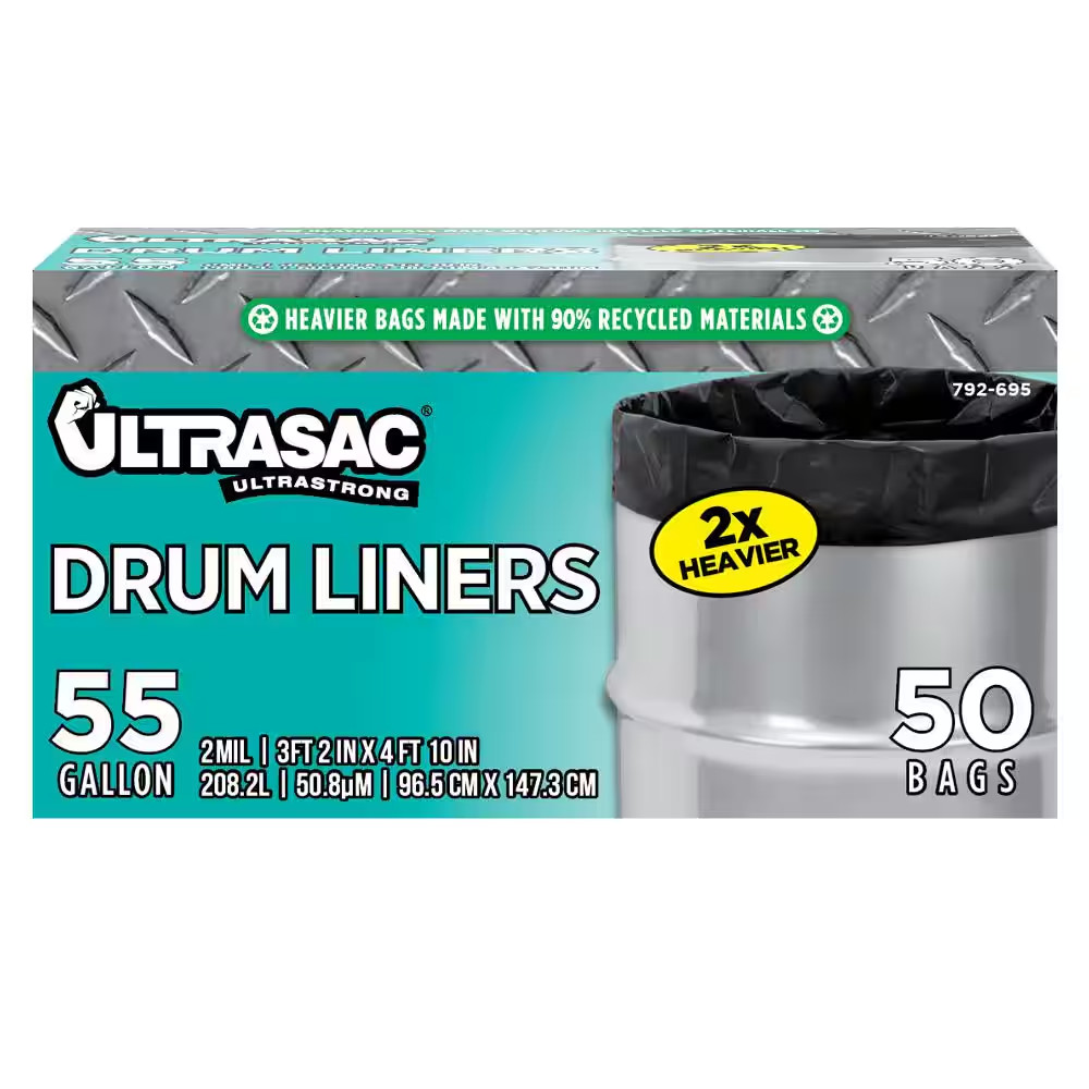Ultrasac 55 Gal Drum Liner Trash Bags Heavy Duty 2mil 50 Count Industrial Black