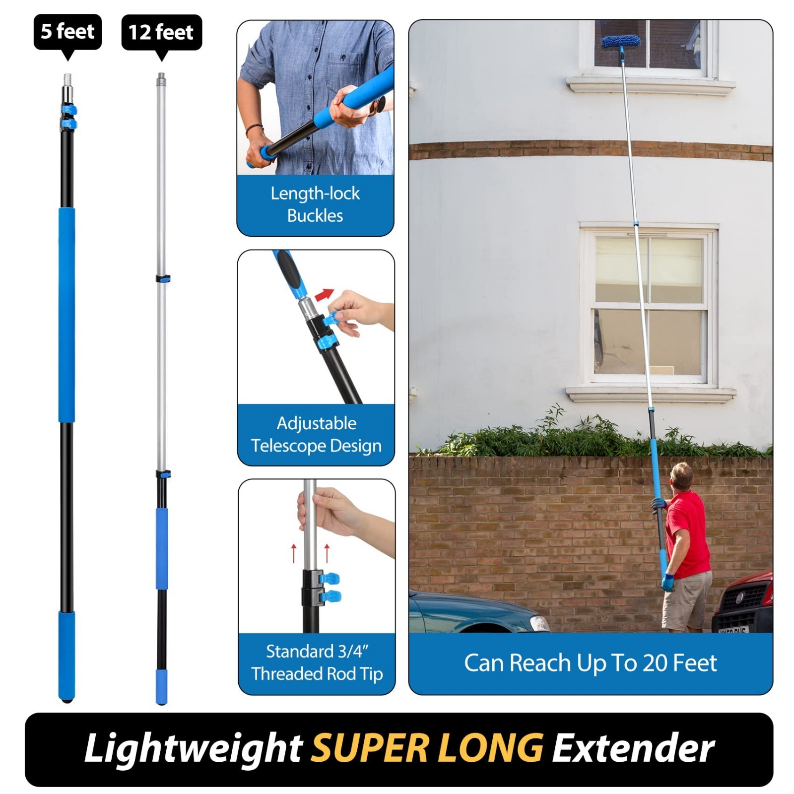 20ft High Reach Duster Kit – Telescoping Pole, Cobweb Brush, Window Squeegee & F