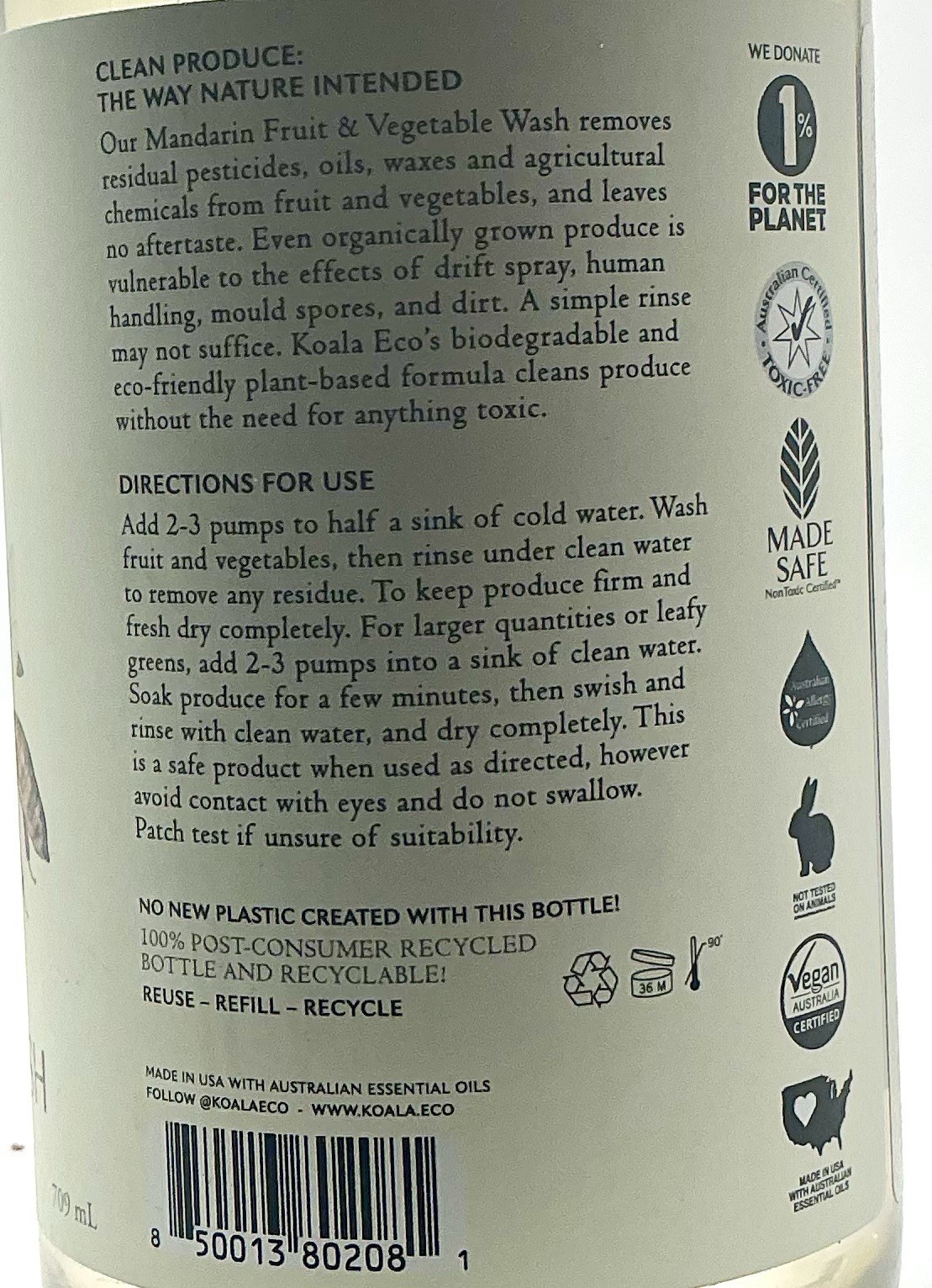 NATURAL FRUIT & VEGE WASH. Removes Pesticides, Wax, No Aftertaste By Koala Eco