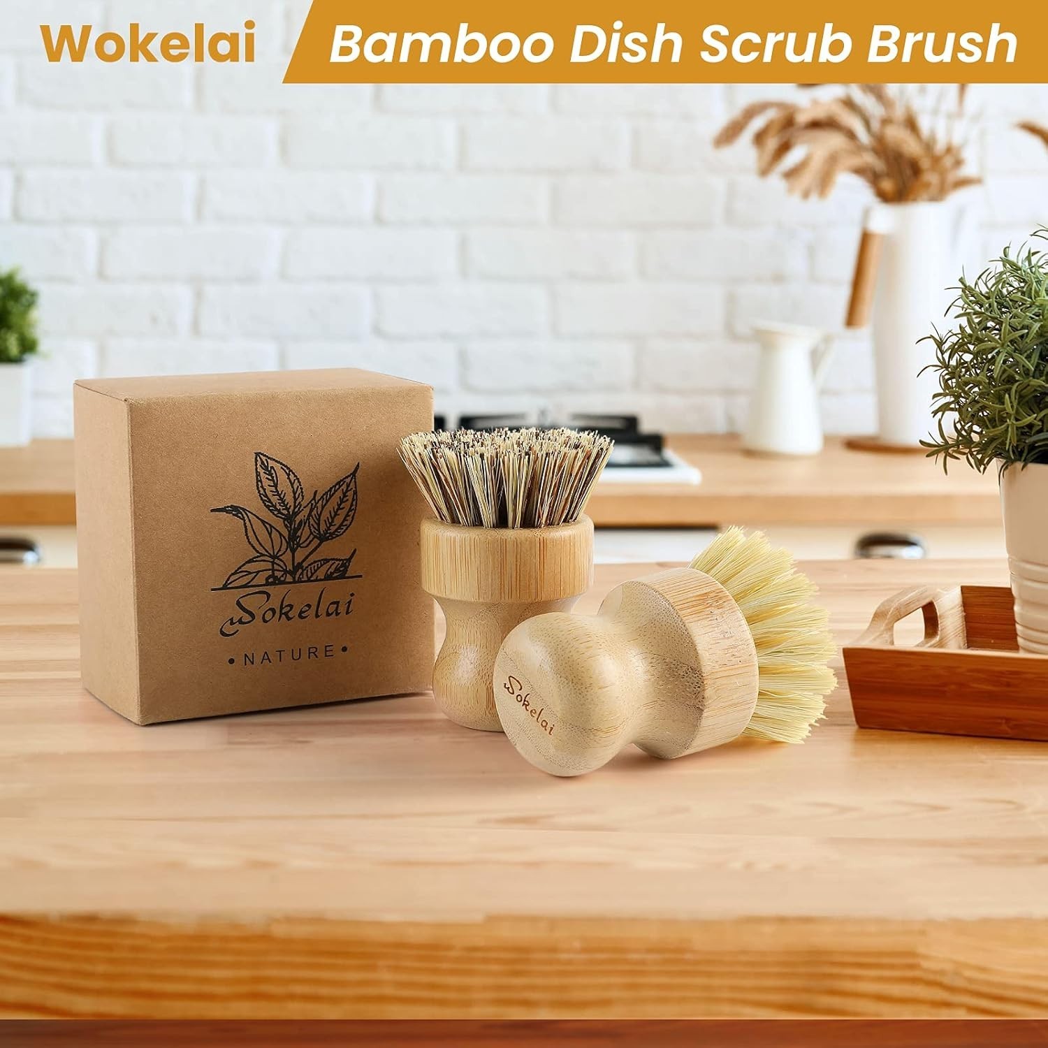 Bamboo Dish Scrub Brushes Set for Kitchen – Wooden Cleaning Scrubbers Brushes