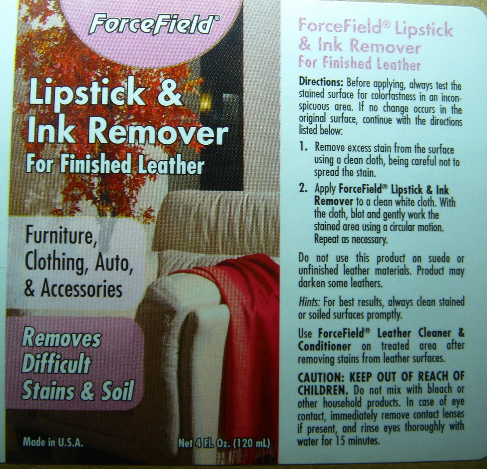 FORCEFIELD LIPSTICK & INK REMOVER FROM FINISHED LEATHER 4oz.FREE FAST SHIPPING