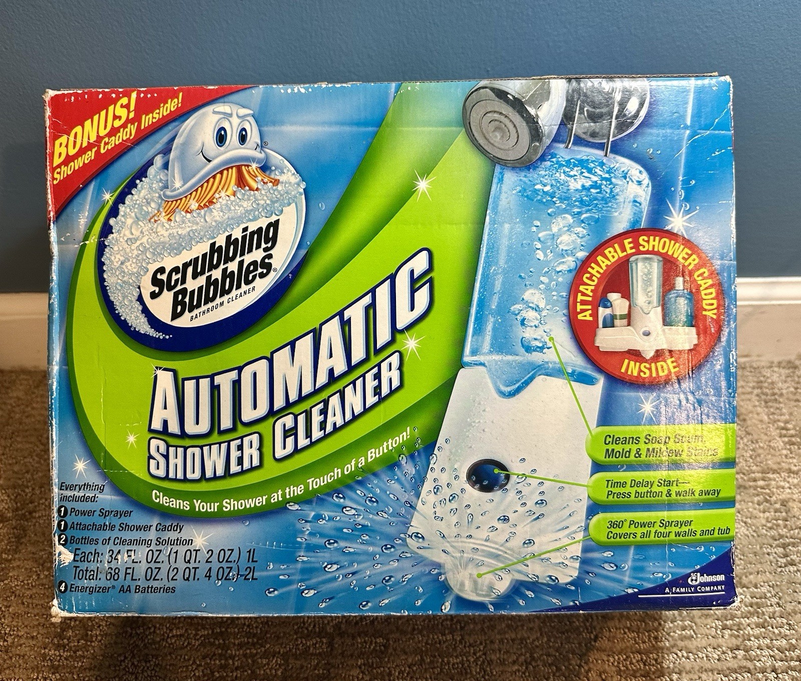 NIB Scrubbing Bubbles Automatic Shower Cleaner Kit 2 – 34 oz Refills & Caddy