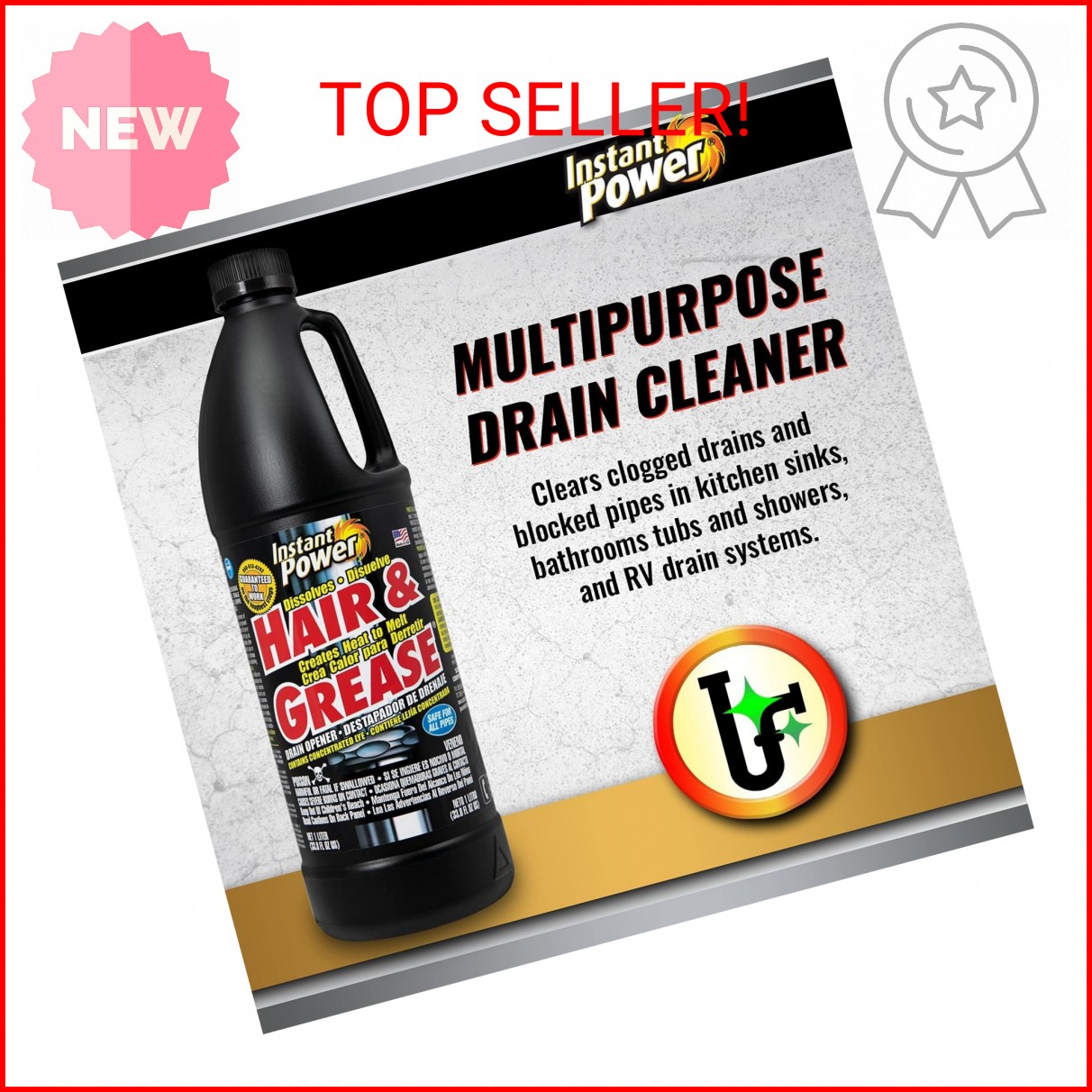 Instant Power Hair and Grease Drain Cleaner – Shower Drain & Sink Cleaner, Liqui