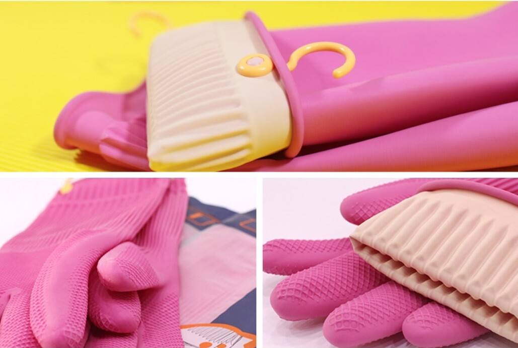 Hanging Dry Hook Dishwashing Cleaning Kitchen Latex Rubber Gloves (S/M/L/XL)