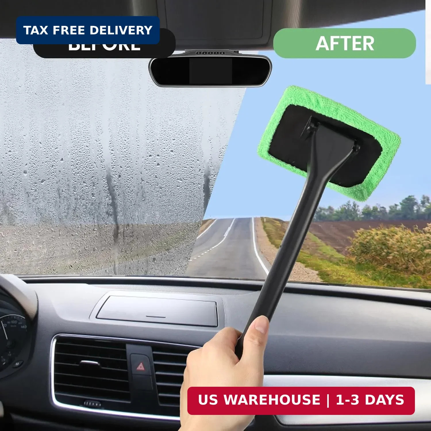 Portable Windshield Cleaner Tool with Extended Long Handle & 6 Microfiber Pads