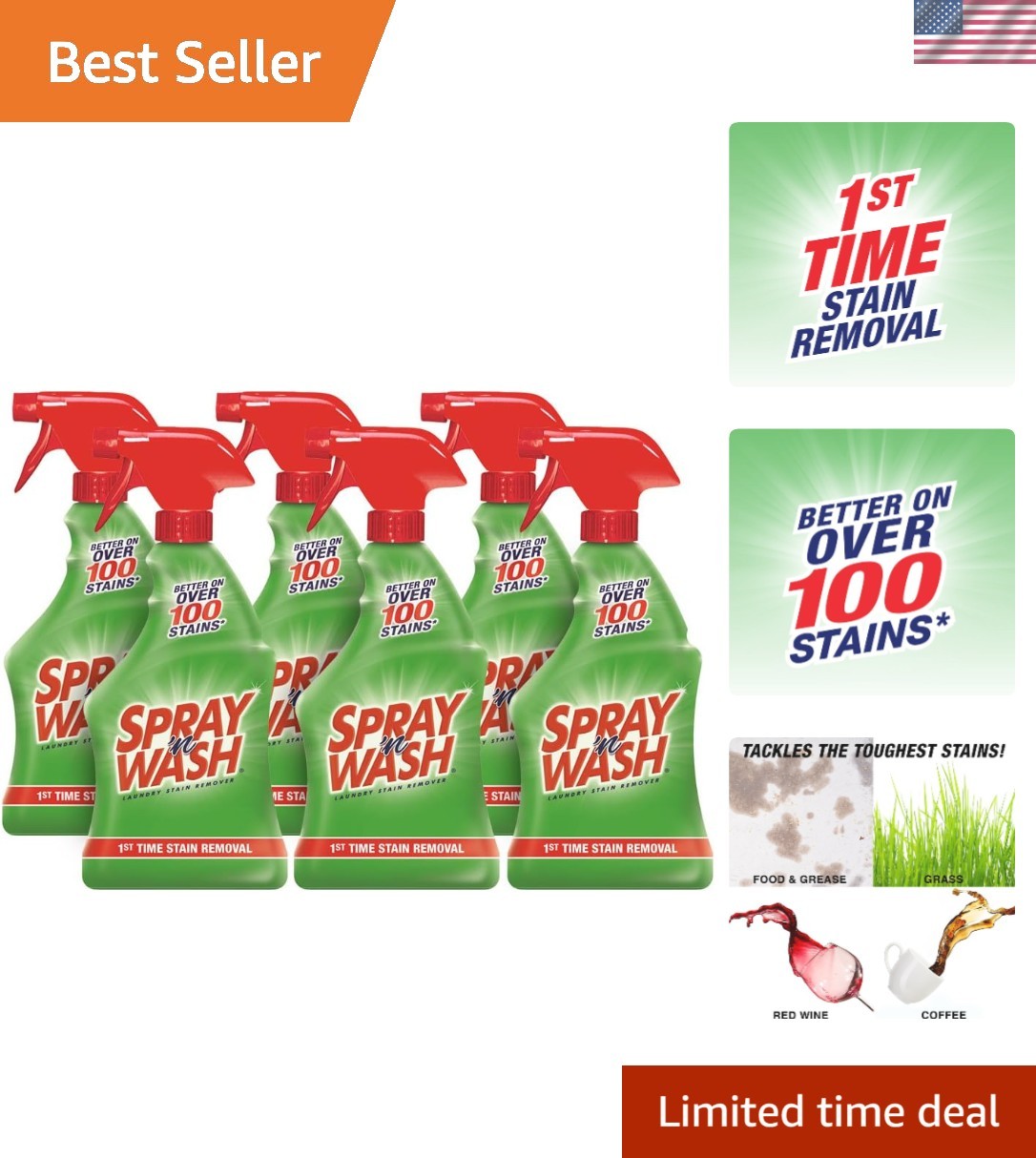 Powerful Spray N’ Wash Stain Remover Spray – 22oz, Pack of 6 for Everyday Use