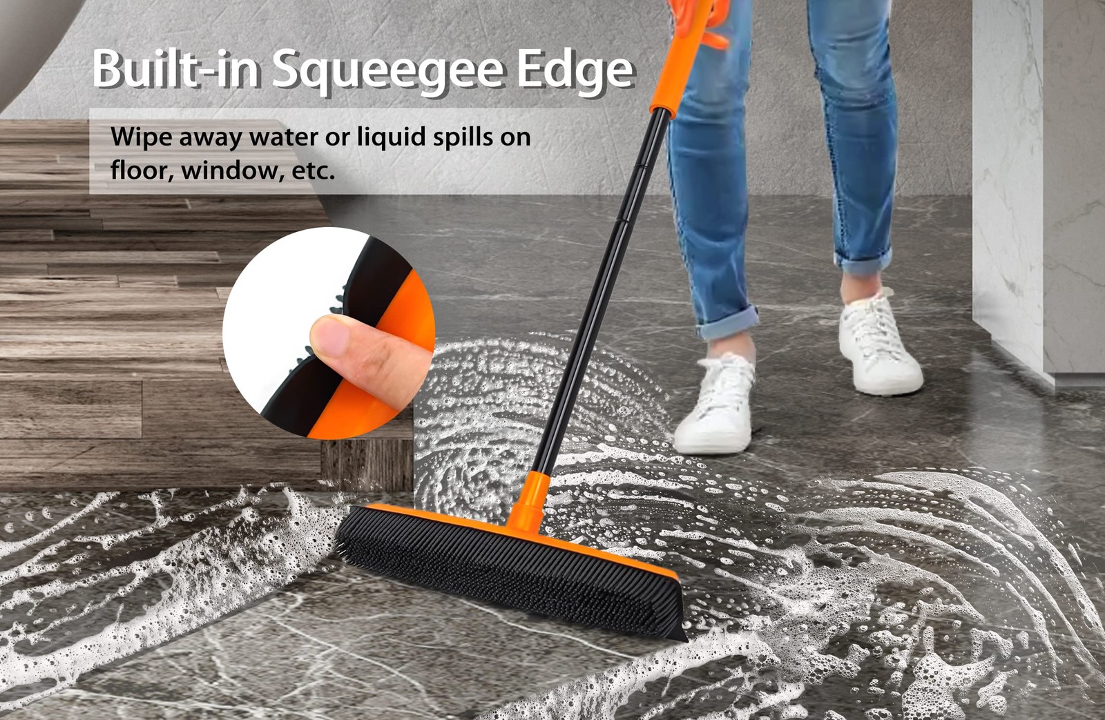 JEHONN Rubber Broom Carpet Rake for Pet Hair Remover, Fur Removal with Squeeg…