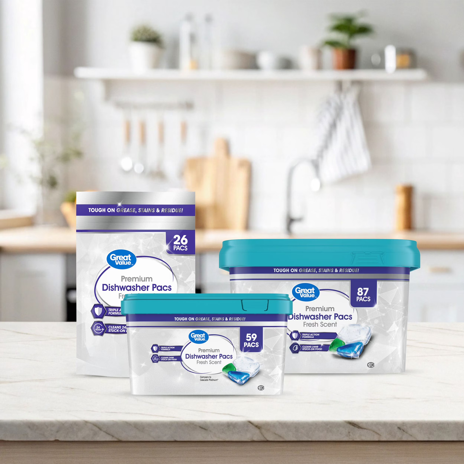 Premium Dishwasher Pacs, Fresh Scent, 87 Count