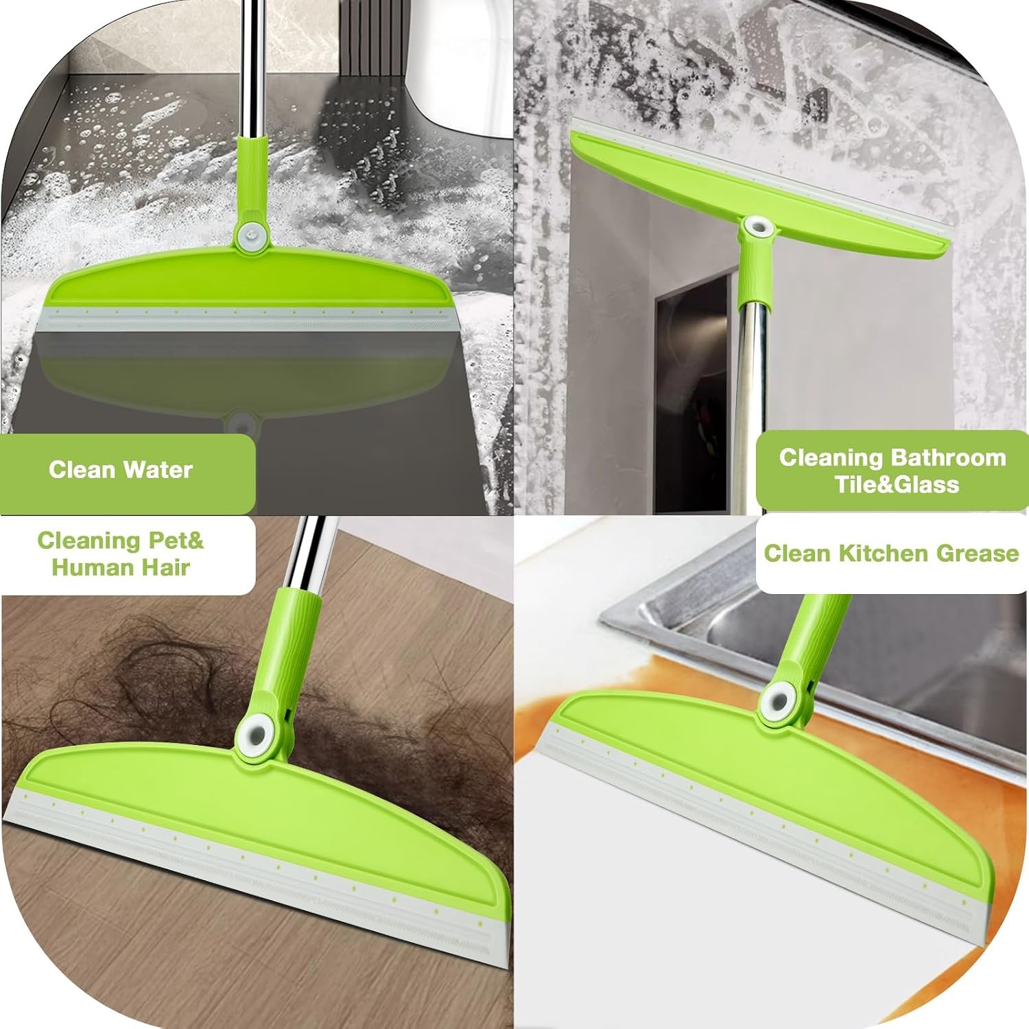 Multifunction Broom with Long Handle, Adjustable Rubber Squeegee Sweeping
