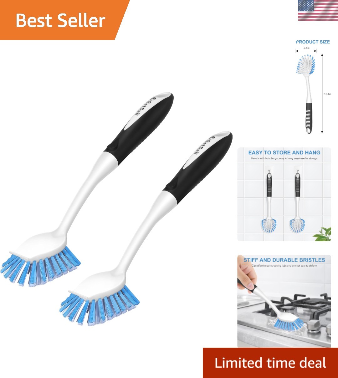 Durable 2-Pack Dish Brush Set with Non-Slip Handle & Built-in Scraper Features