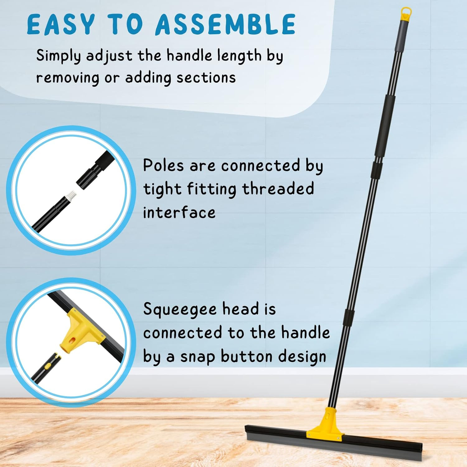 Floor Squeegee for Concrete and Tile Cleaning, 24” Rubber Wiper Broom, Large He