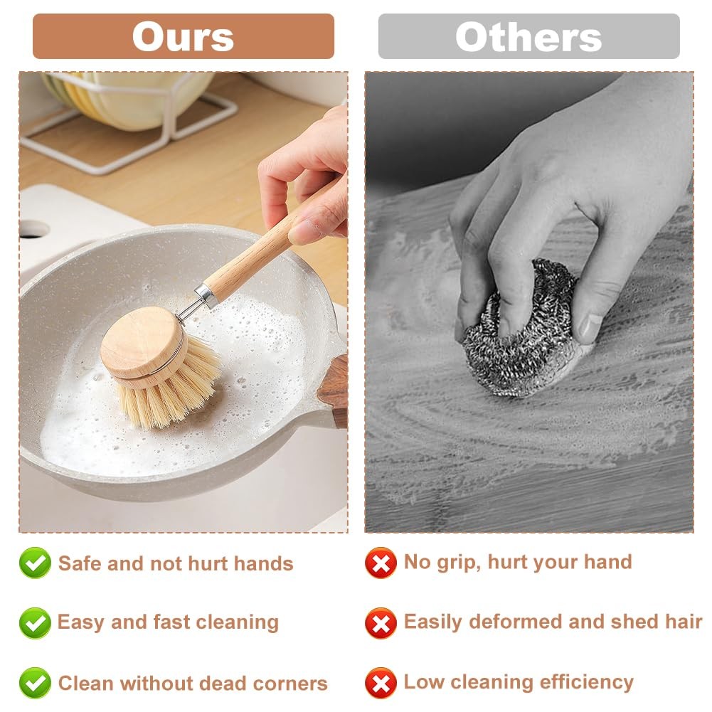Bamboo Dish Brush Set, 1 Wooden Handle with 3 Natural Bristle Heads All Purpose