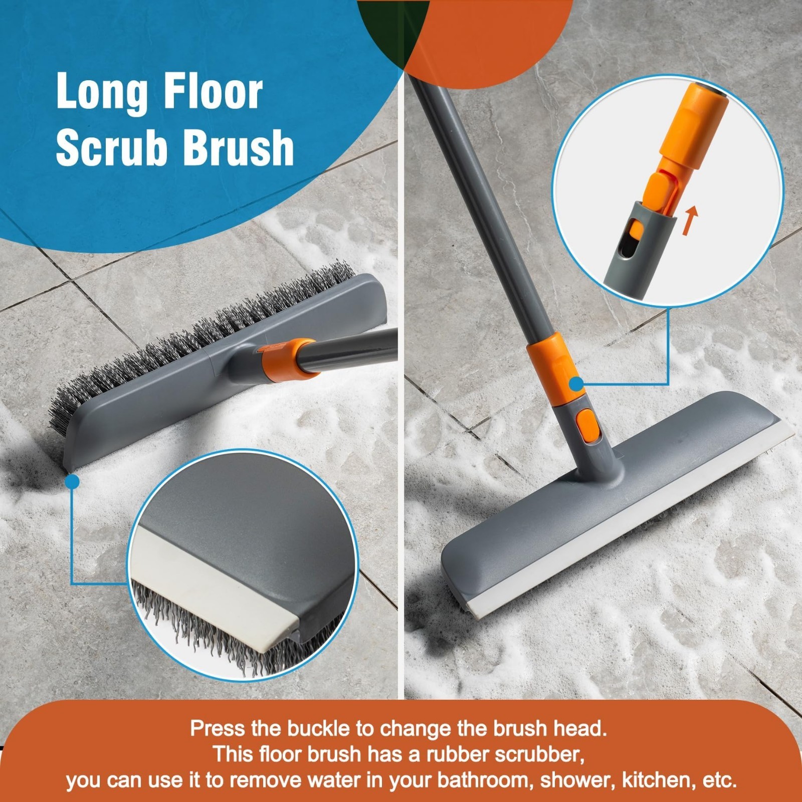 Multi-Purpose Floor Scrub Brush with 4 Cleaning Heads & 56″ Extendable Handle –