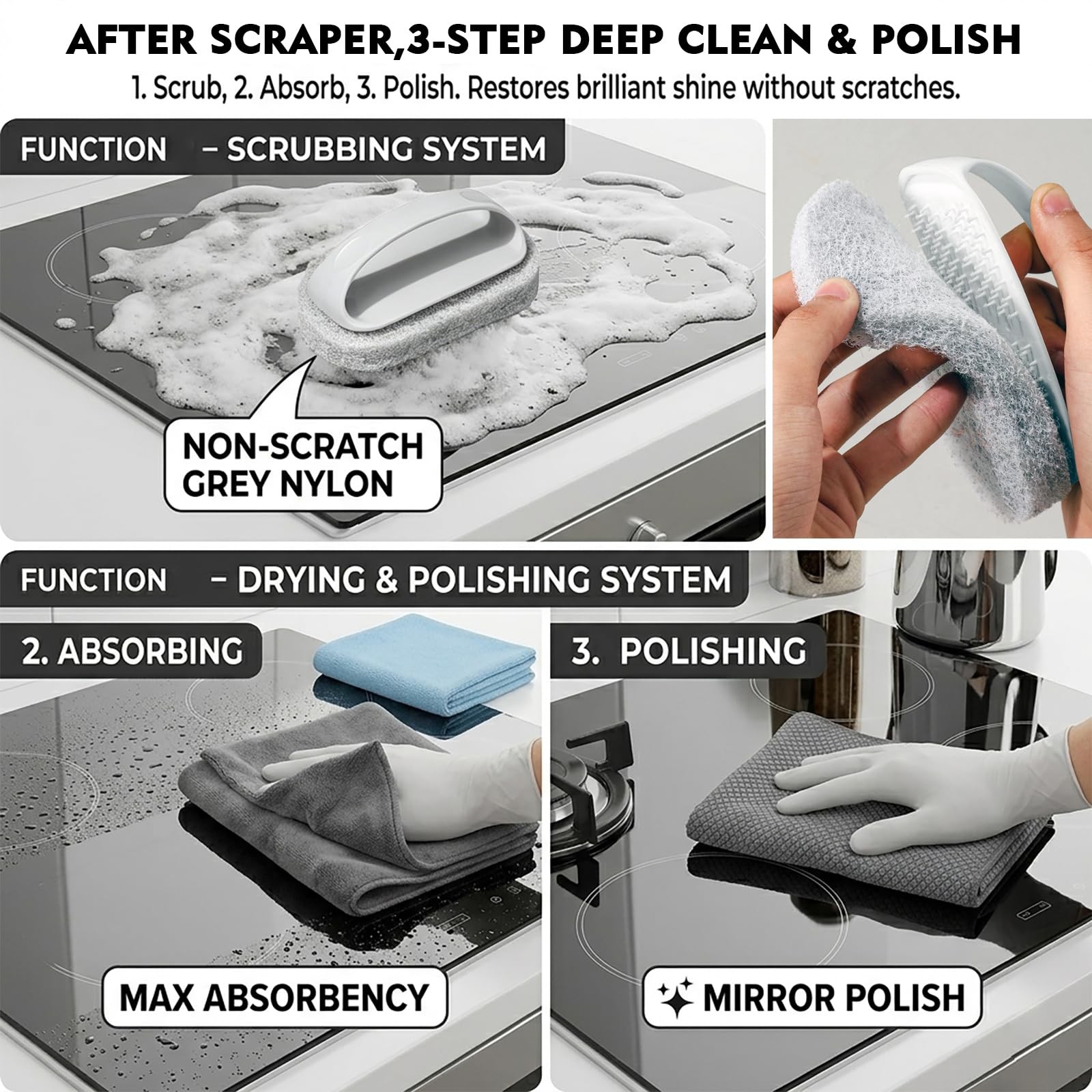 Glass Cooktop Cleaning Kit,4-in-1 Scraper with 20 Blades, Non-Scratch Dish Br…