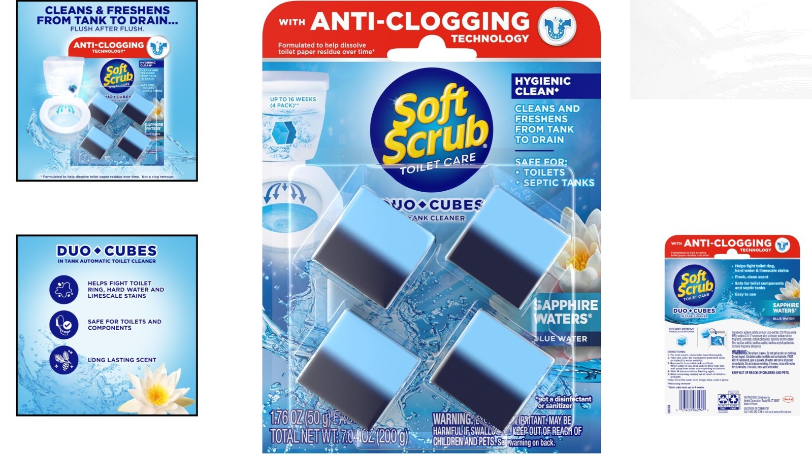 4 Pack In-Tank Toilet Cleaner Duo-Cubes, Effortless Freshness in Sapphire Waters