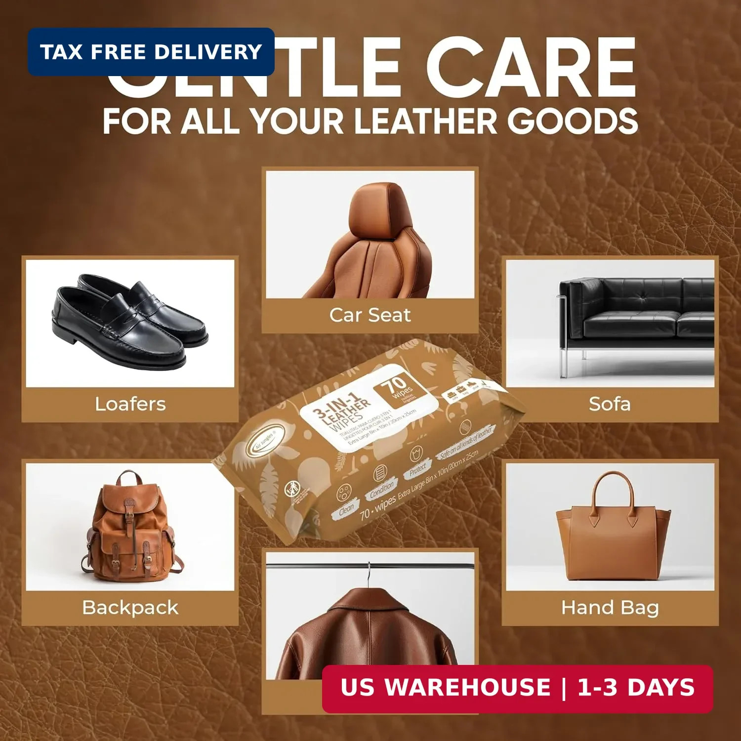 Air Jungles 3in1 Leather Cleaner Wipes 70 Count, Extra Large 8″ x 10″ Size, Clea
