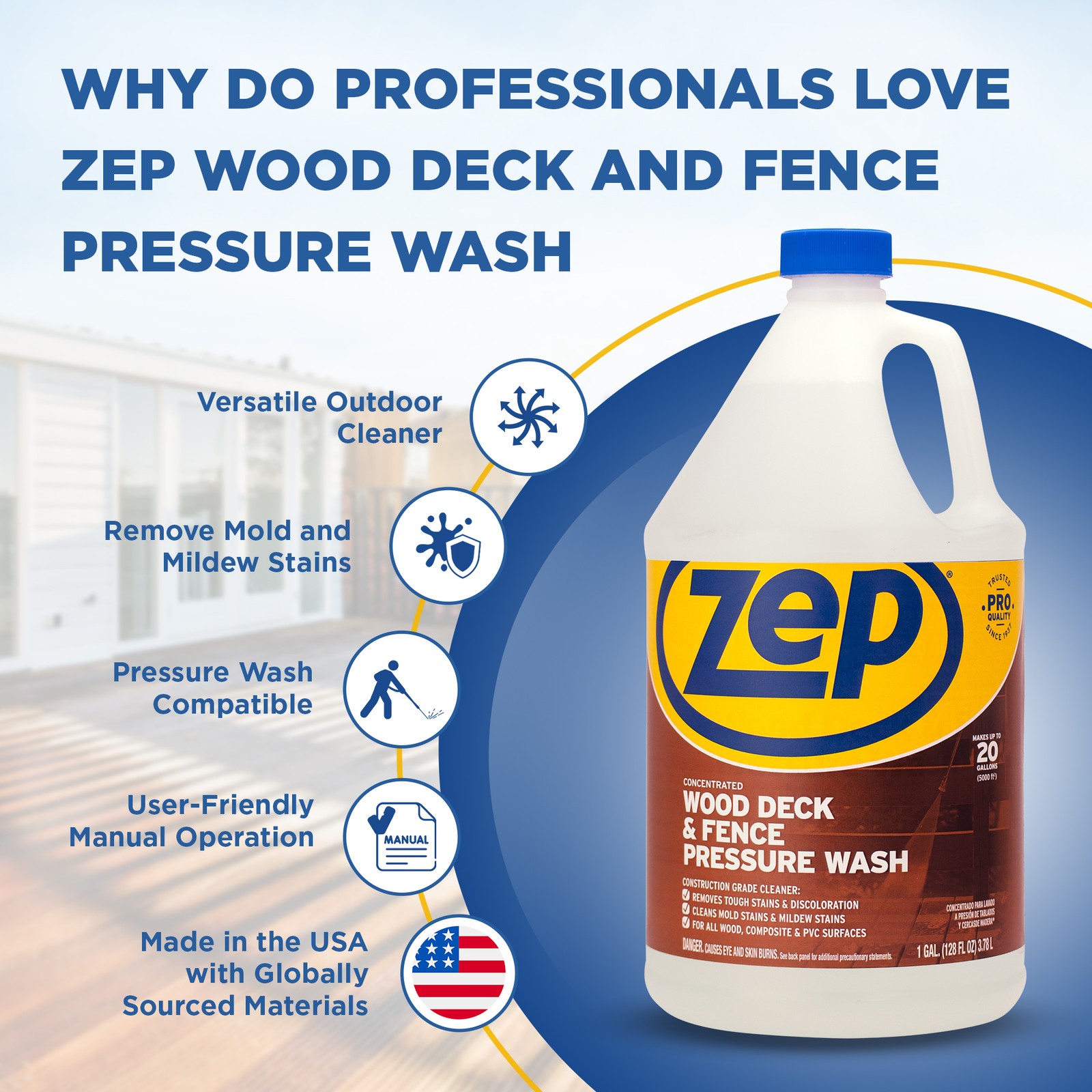 Zep Wood Deck and Fence Pressure Wash Cleaner Concentrate – 1 Gallon (Case of 4)