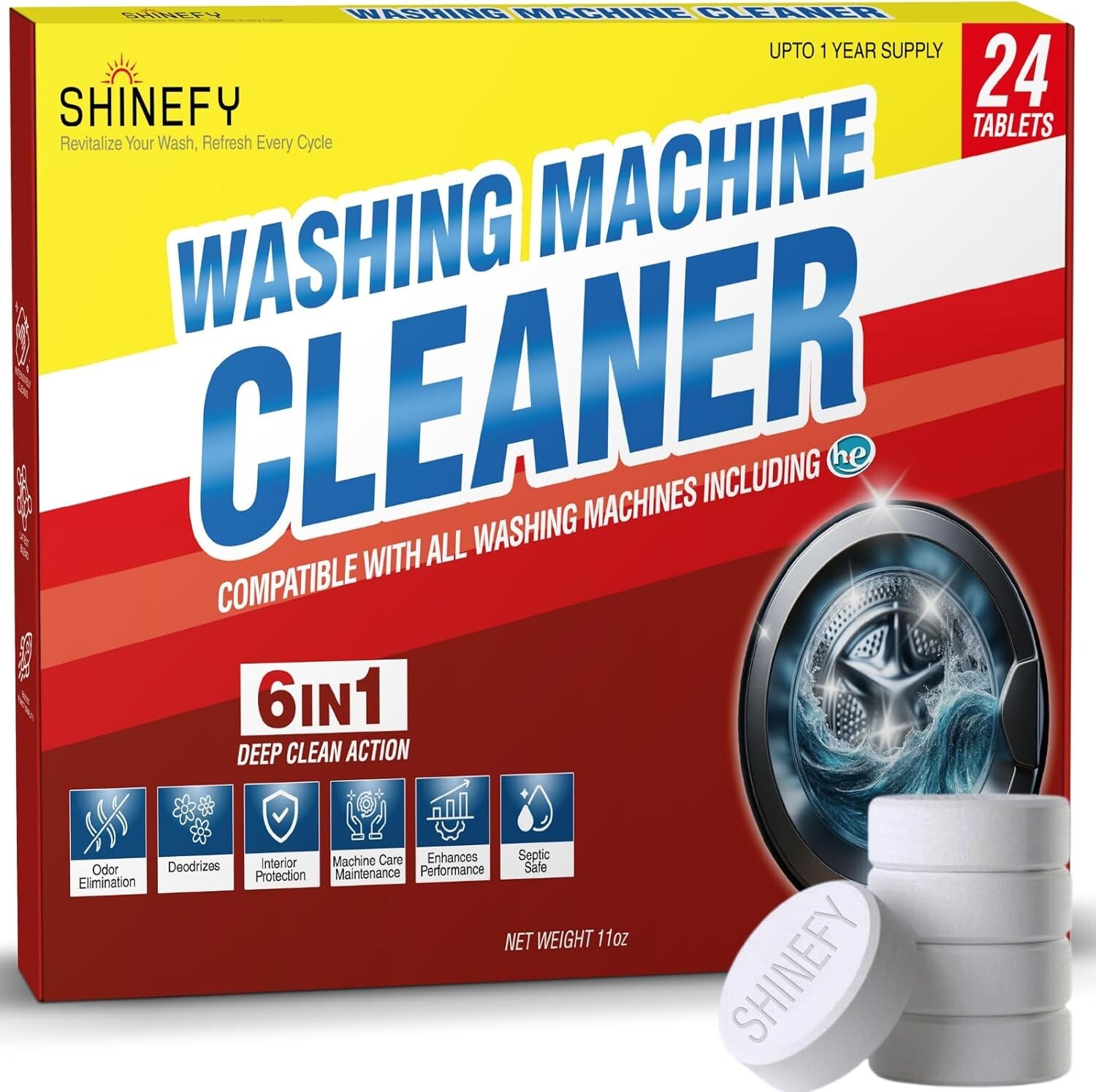 6-in-1 Washing Machine Cleaner Tablets – 24-Pack for Deep Cleaning & Septic Safe
