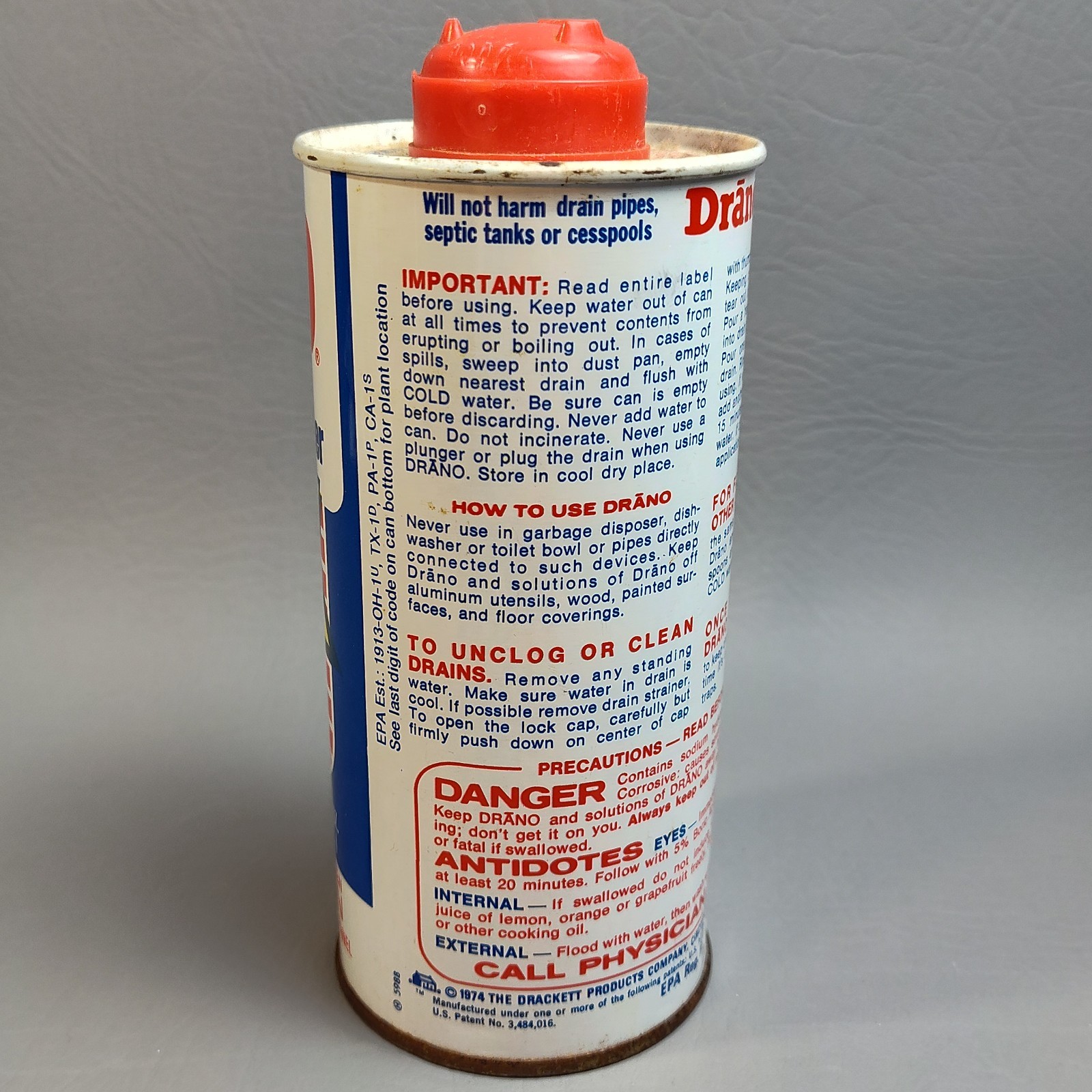 Vintage Drano CRYSTAL Drain Opener 18 oz 1974 Clog Remover Discontinued 70% FULL