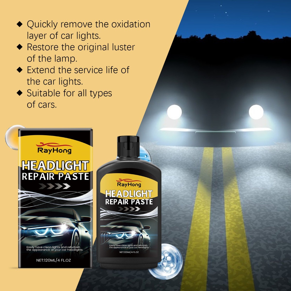 Headlight Restoration Kit, Car Lens Polish Cleaner for Oxidized Headlights