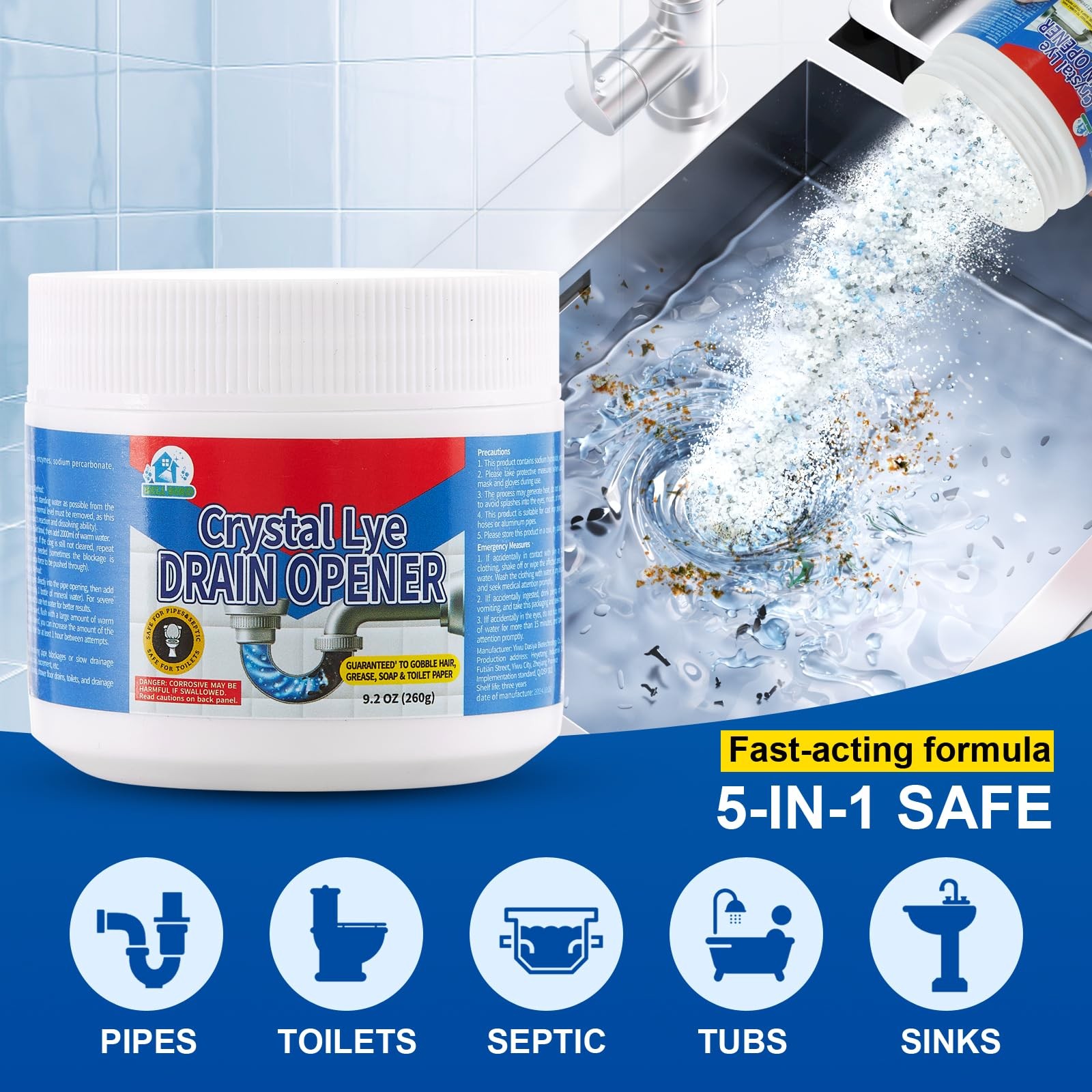 Powerful Drain Opener for Bathroom, Kitchen & Shower – Unclogging Solution 260g
