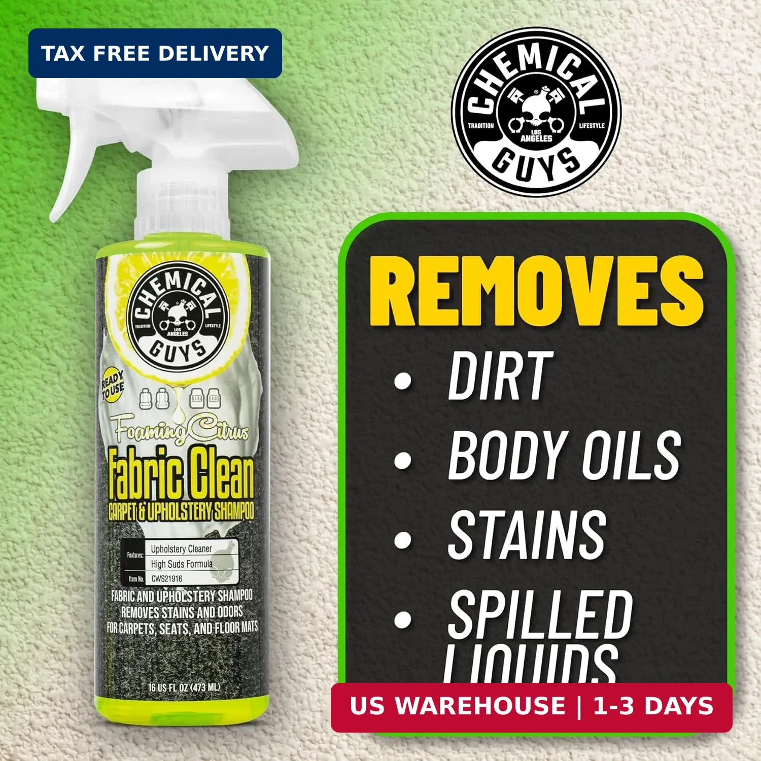 Chemical Guys Foaming Citrus Fabric Clean Carpet & Upholstery Cleaner, Ready to