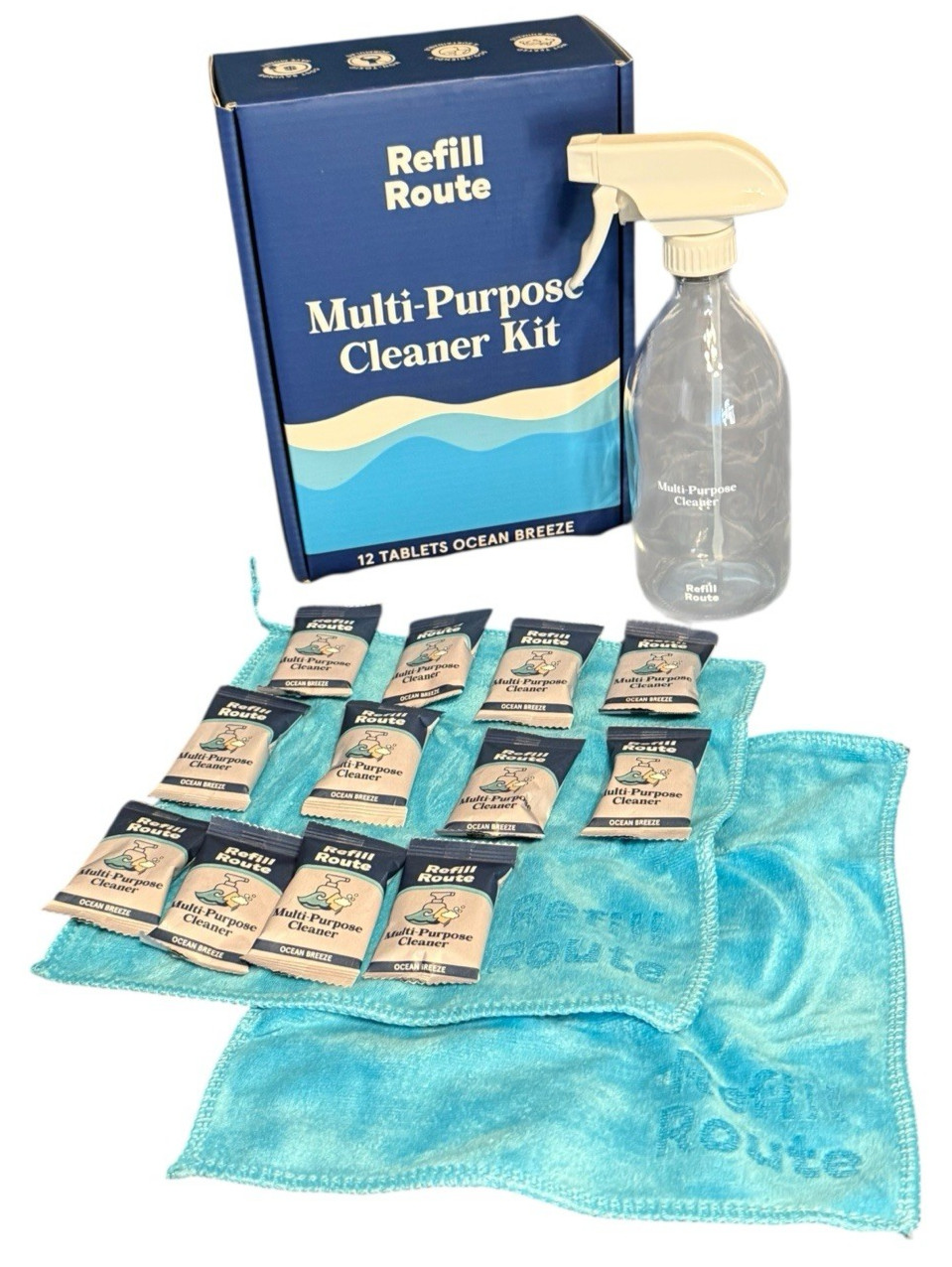 Multi-Purpose Cleaner/Degreaser Kit, Glass Spray Bottle, Towels + 12 Refill Tabs