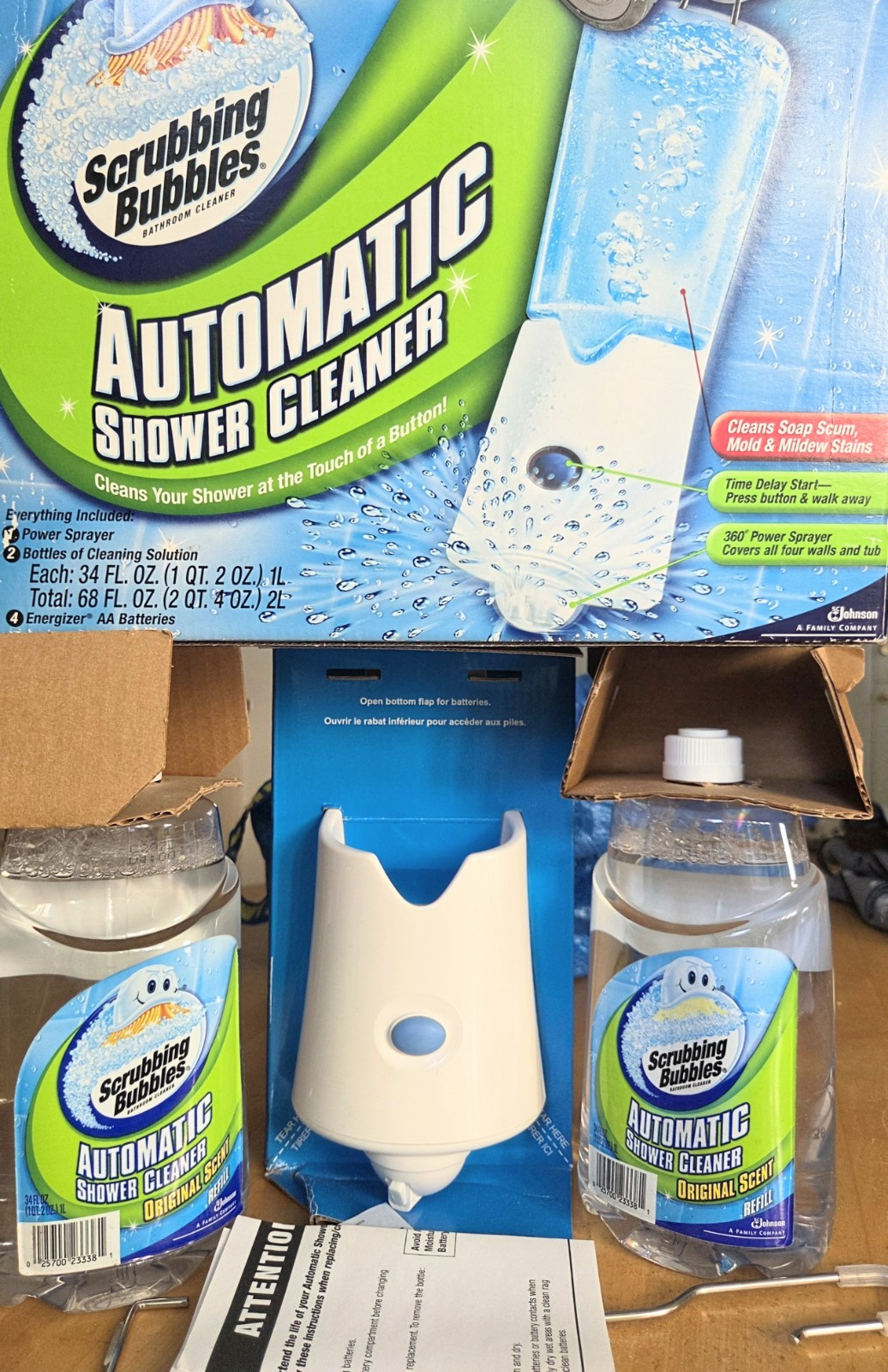 Scrubbing Bubbles Automatic Shower Cleaner One Button Dual Spray 2 Bottle NEW