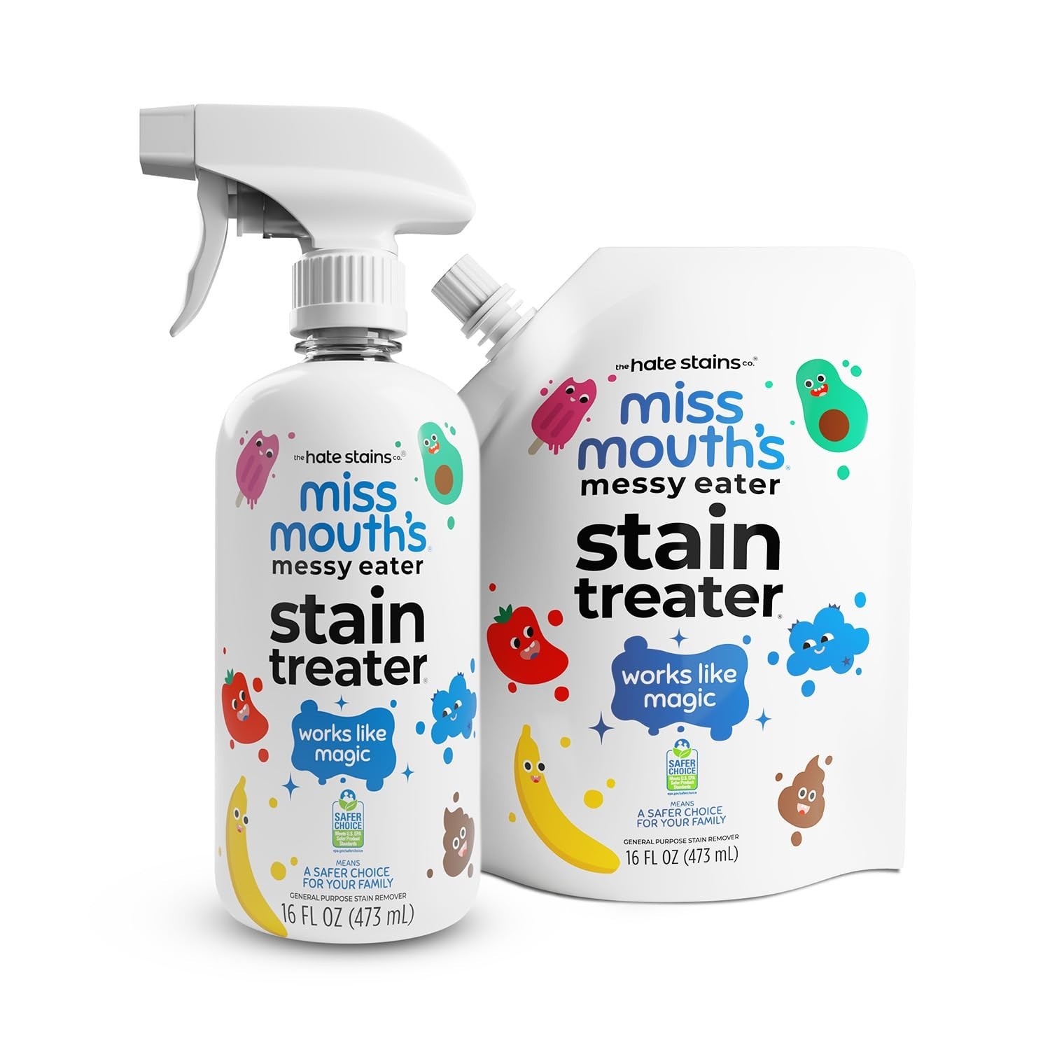 Messy Eater Stain Remover Spray & Refill Pouch – 16oz Each, Tough on Stains!
