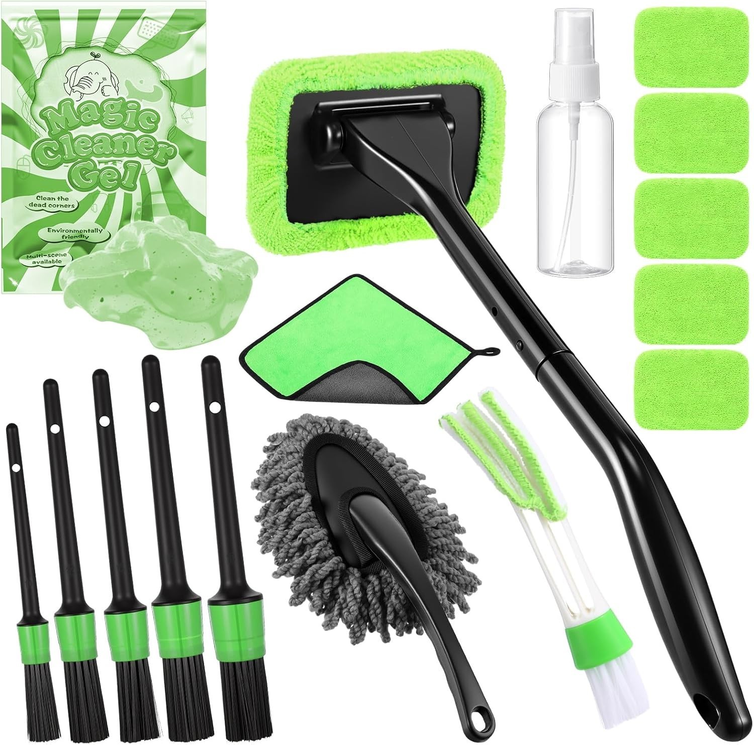 16PCS Car Windshield Cleaner Kit Detailing Brushes Gel Spray Bottle (Green)