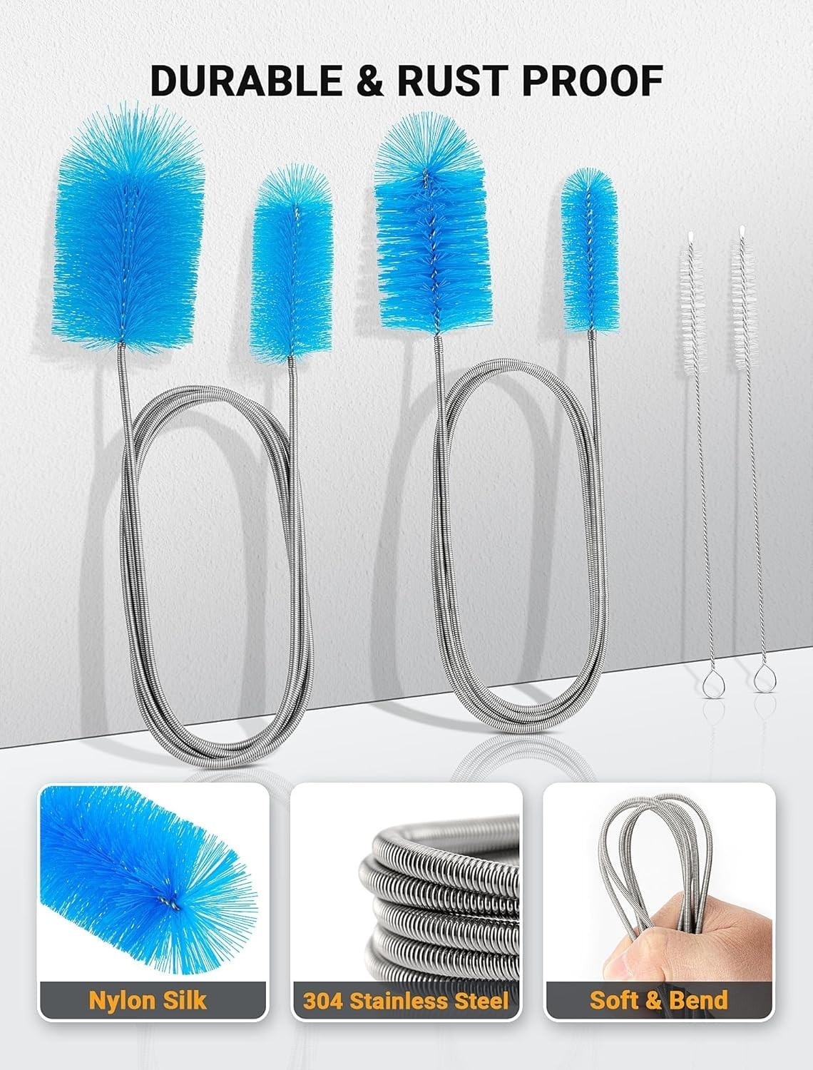 Flexible Long Drain Brush Tool with Large Double Elastic Nylon Ends, Stainles…