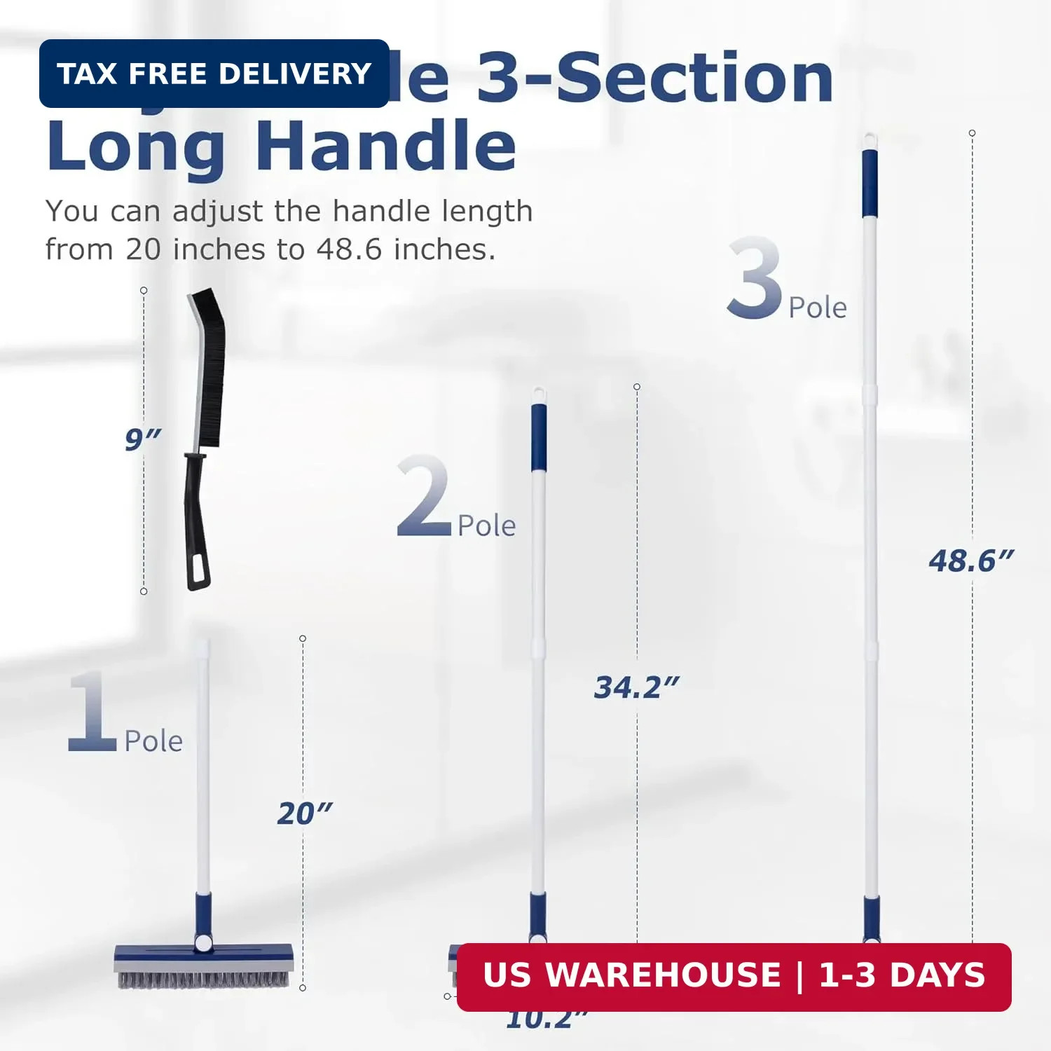 Long Handle Floor Cleaning Brush, 2-in-1 Hard Bristle Grout Scrubber