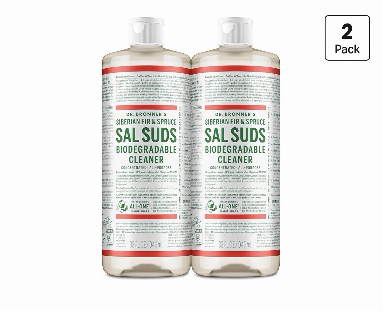 Dr. Bronner’s Sal Suds Plant-Based Concentrate Siberian Fir & Spruce 32 oz 2Pk