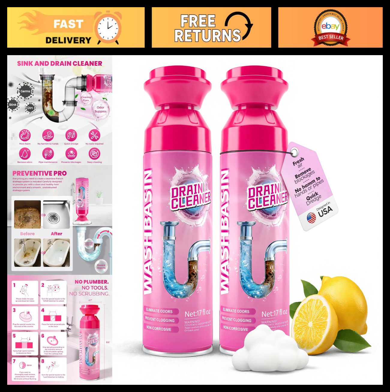 Powerful Foaming Drain Cleaner – Fast Clog Removal, Hair & Odor Eliminator (2 Pc