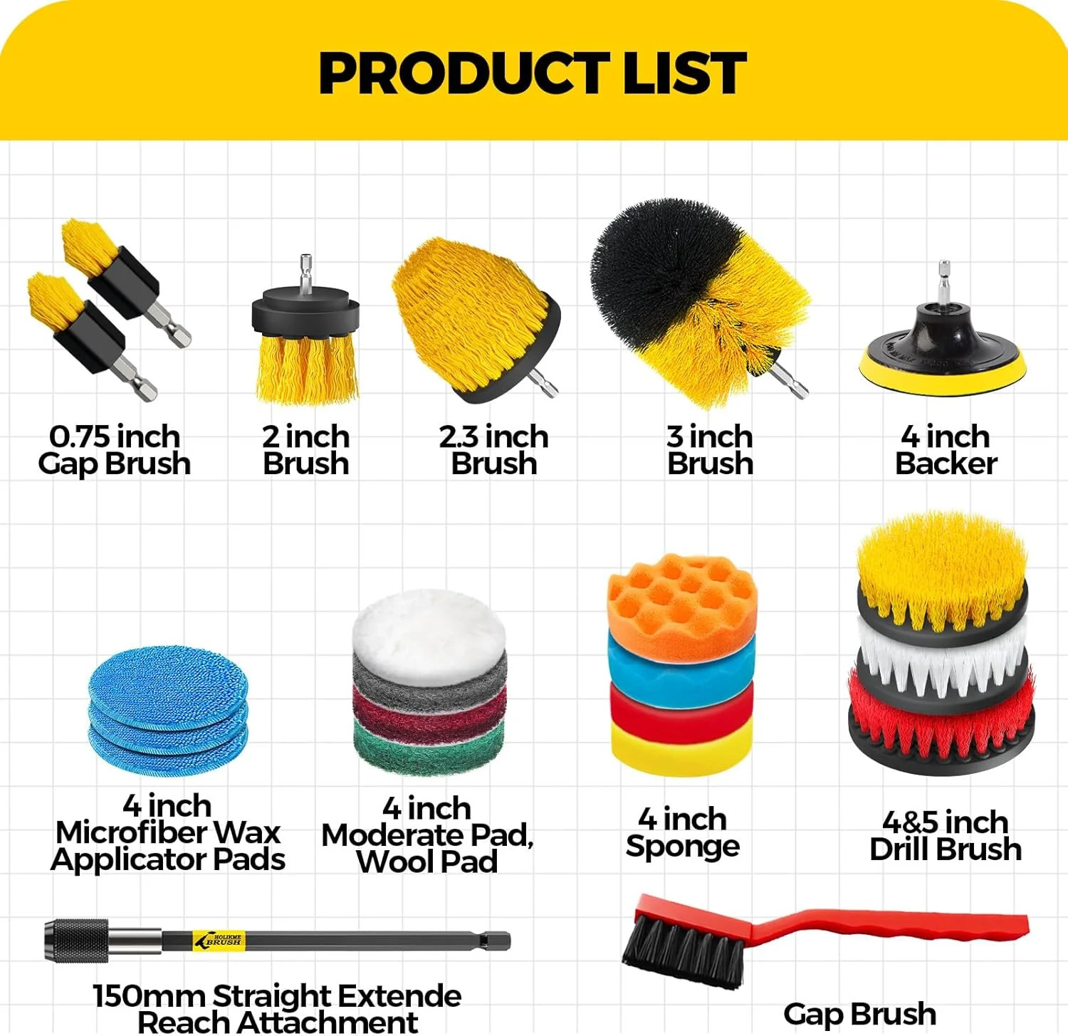 Holikme 22Pack Drill Brush Attachments Set,Scrub Pads & Sponge, Buffing Pads,Pow