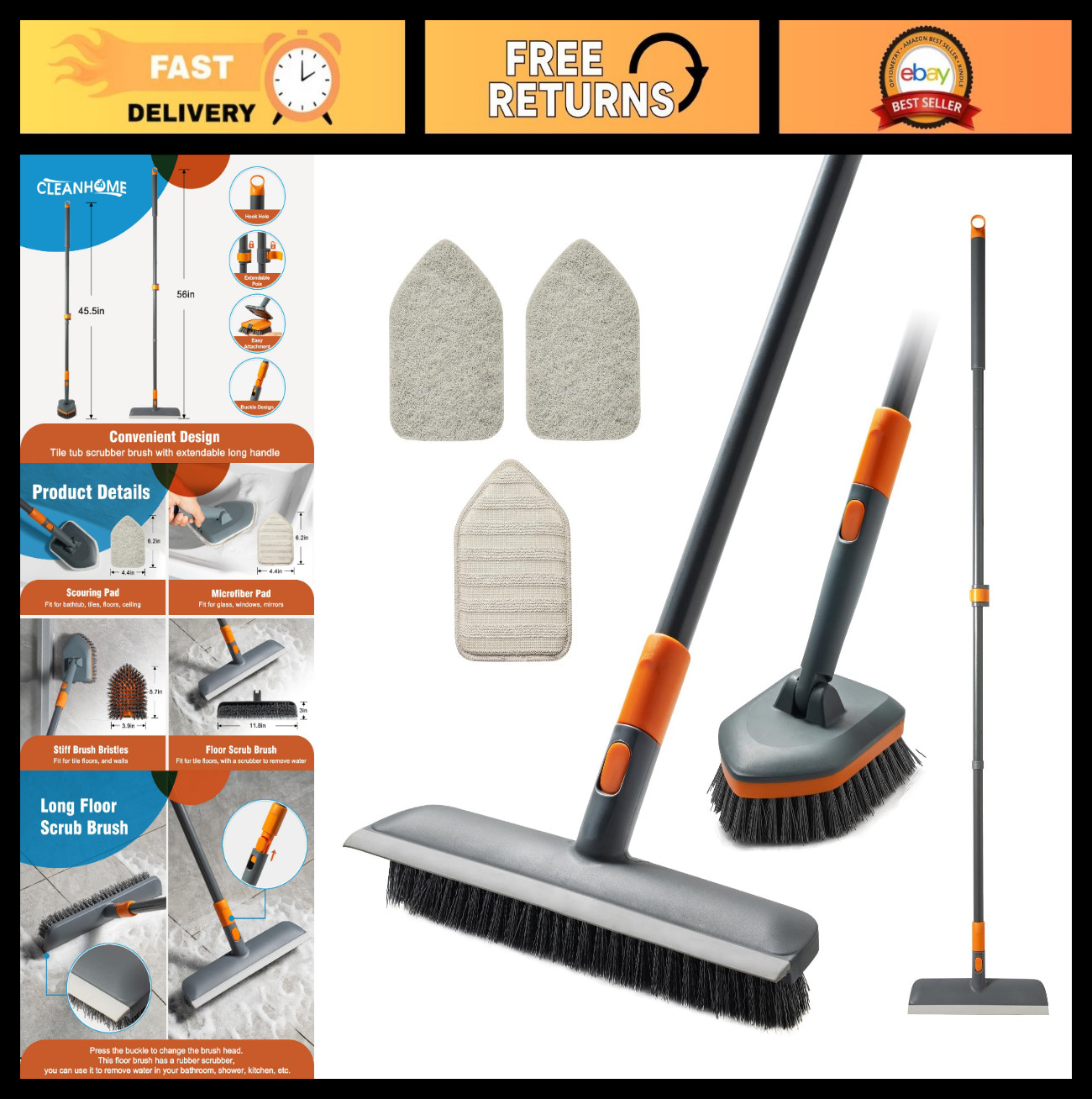 Multi-Purpose Floor Scrub Brush with 4 Cleaning Heads & 56″ Extendable Handle –