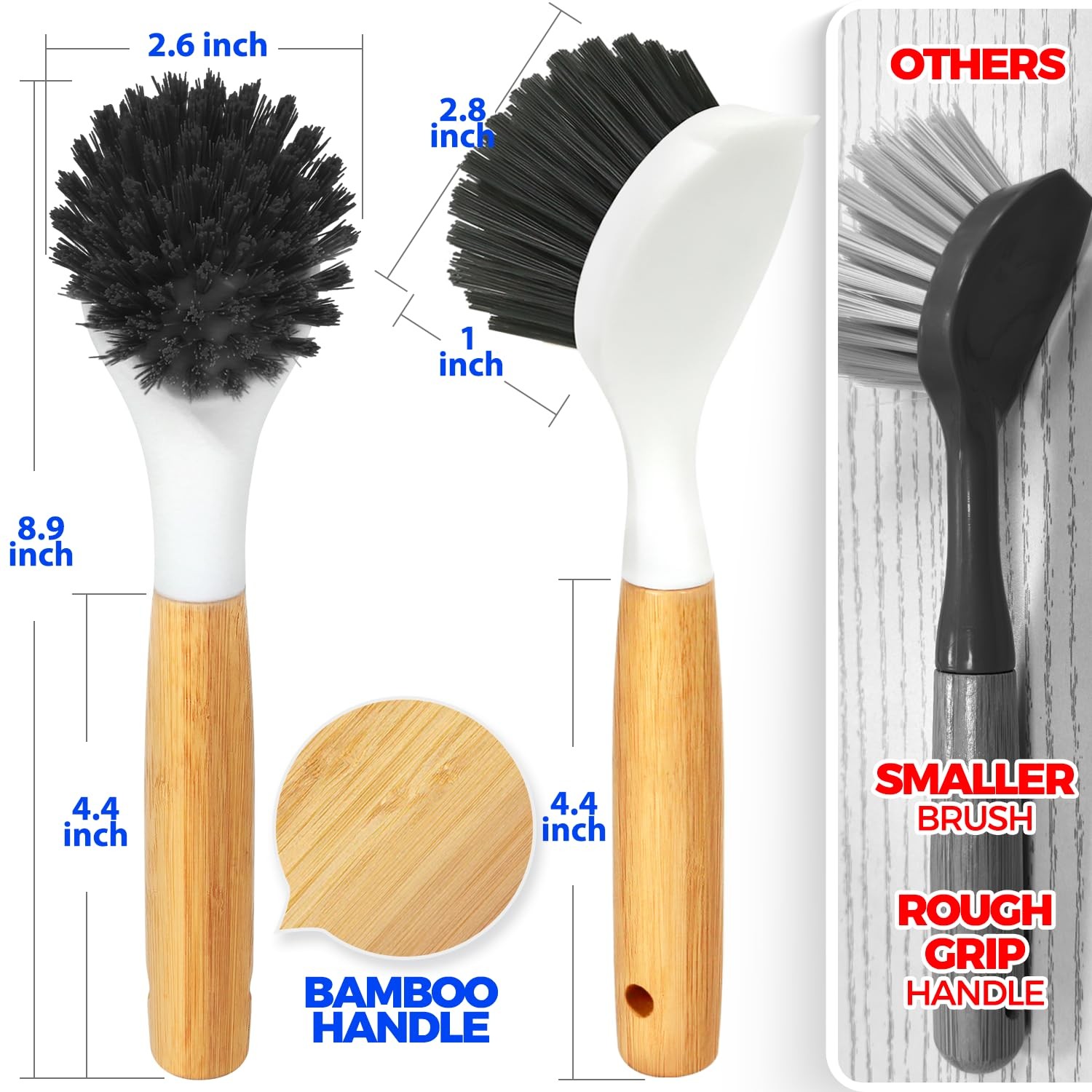 3 Pack Dish Brush Set with Bamboo Handle for Cleaning Kitchen Pot Sink Stove