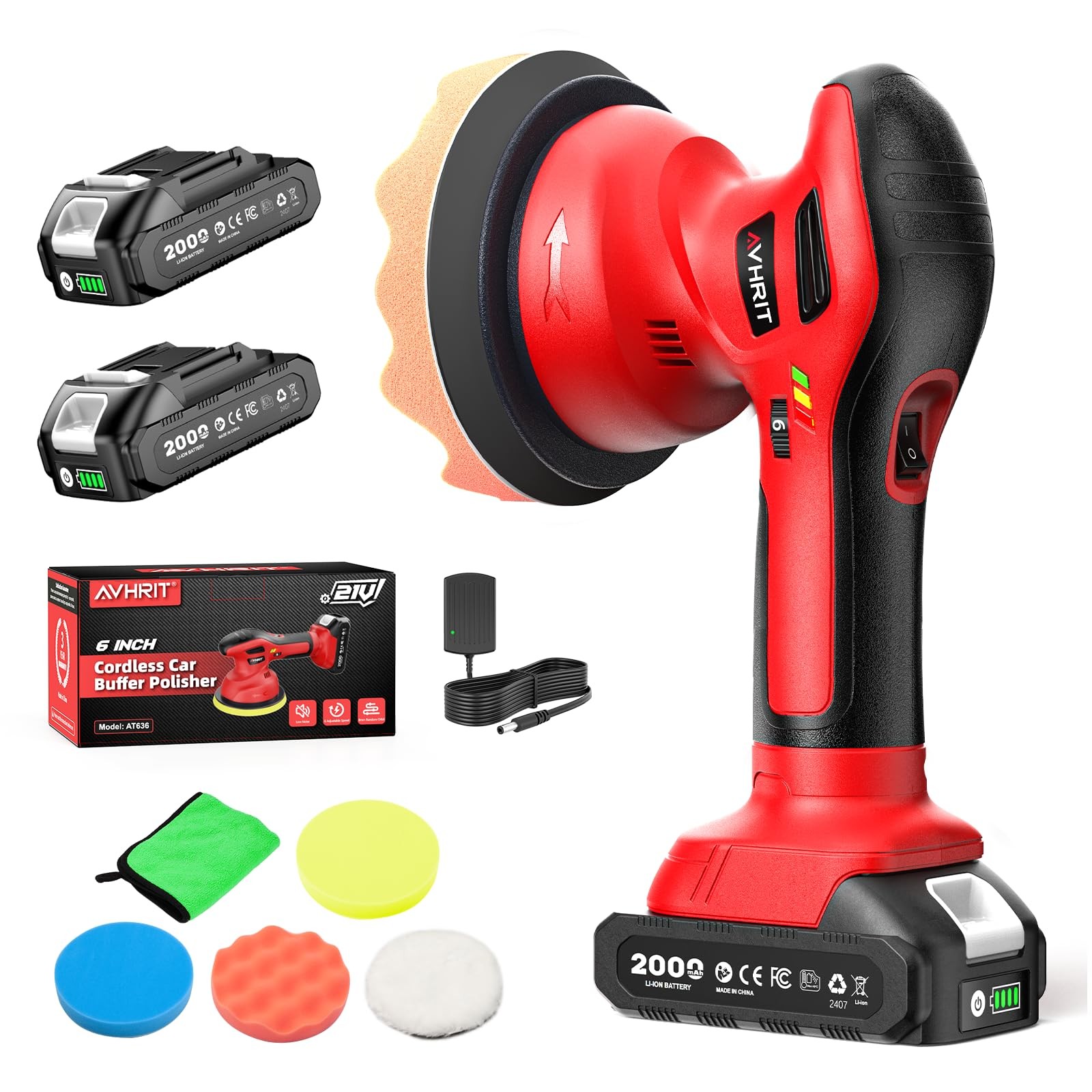 Cordless Car Buffer Polisher kit w/ 2x2000mAh 21V Batteries, 6 Inch Car buffer W