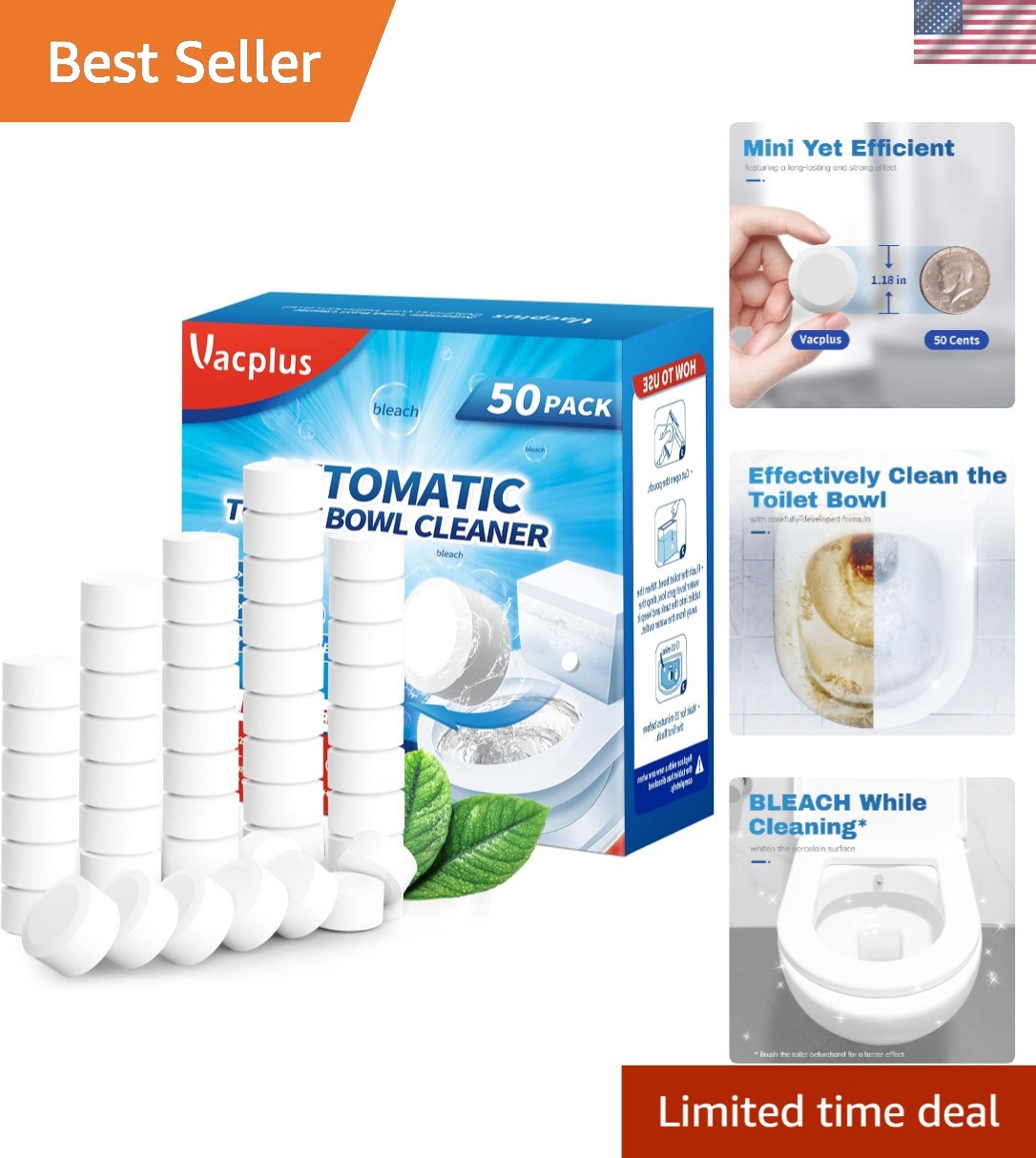 Bleach Scent Toilet Bowl Cleaner Tablets – Automatic 50 Pack for Odor Control