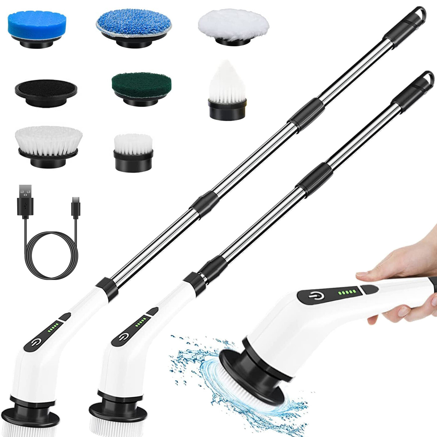 Electric Spin Scrubber Cordless Car Home Cleaning Brush 8 Heads Handle Extension
