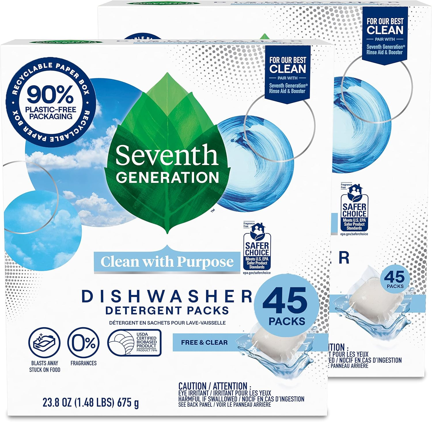Dishwasher Detergent Packs Free & Clear Pack of 2 for Sparkling Dishes Dishwa…