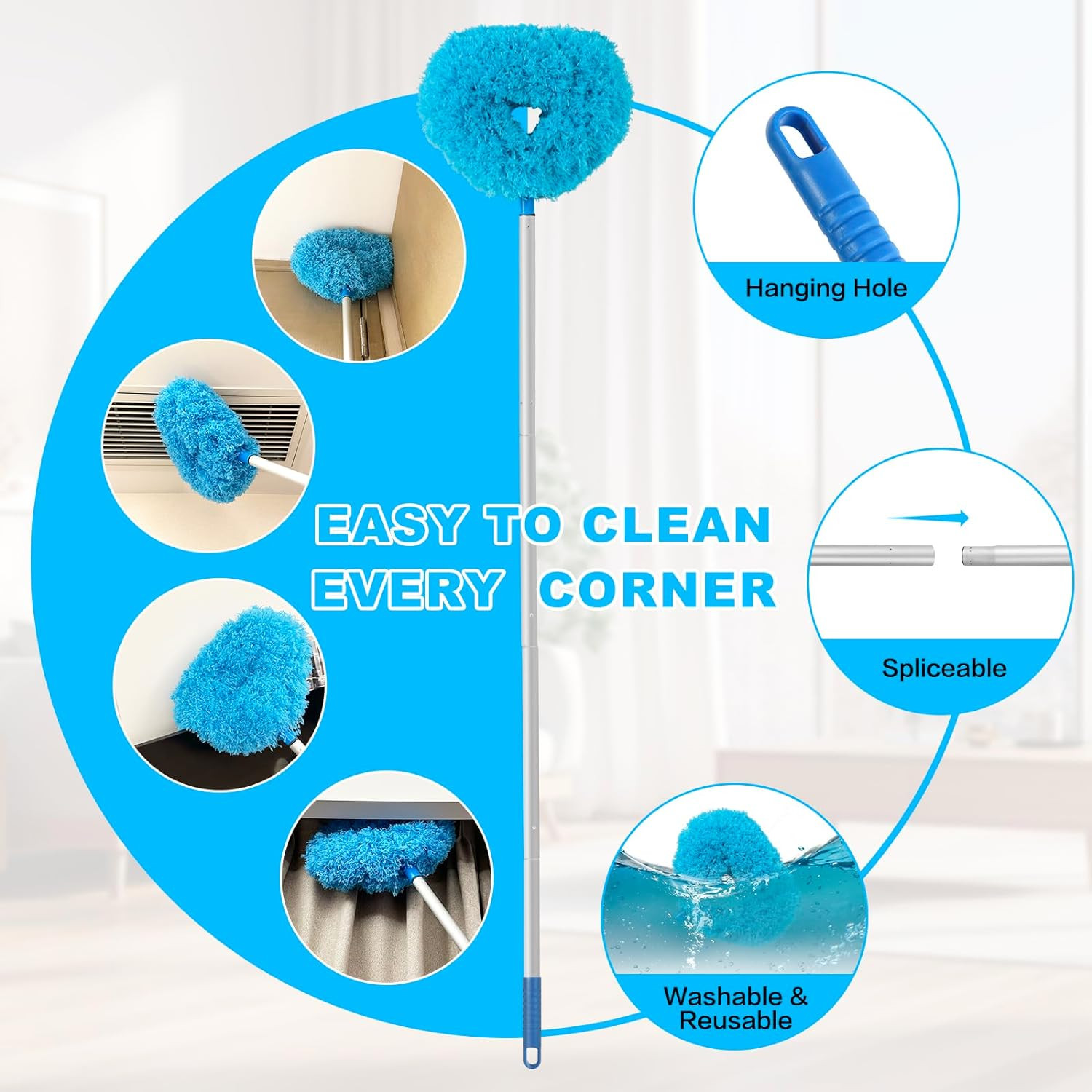 Limpiador ventilador techo microfibra reutilizable con mango extensible azul