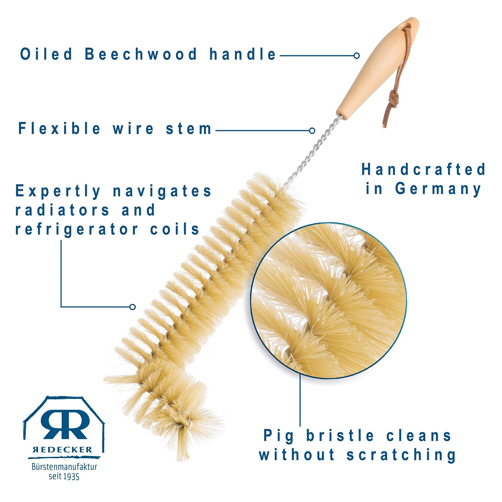 Natural Pig Bristle Radiator Brush with Oiled Beechwood Handle, 18-1/2-Inches