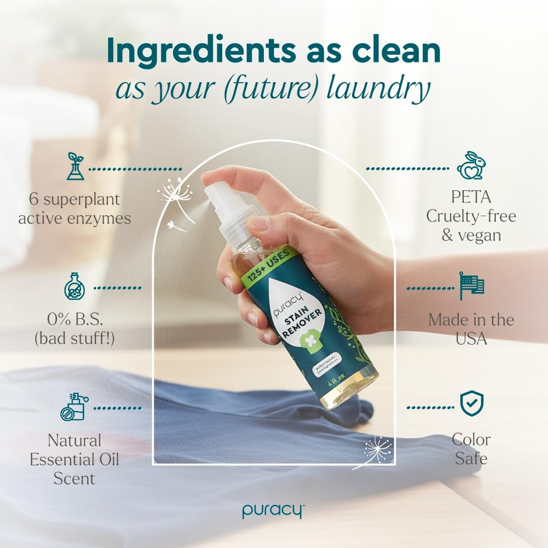 Puracy Stain Remover Spray, Natural Travel and Laundry Stain Cleaner for