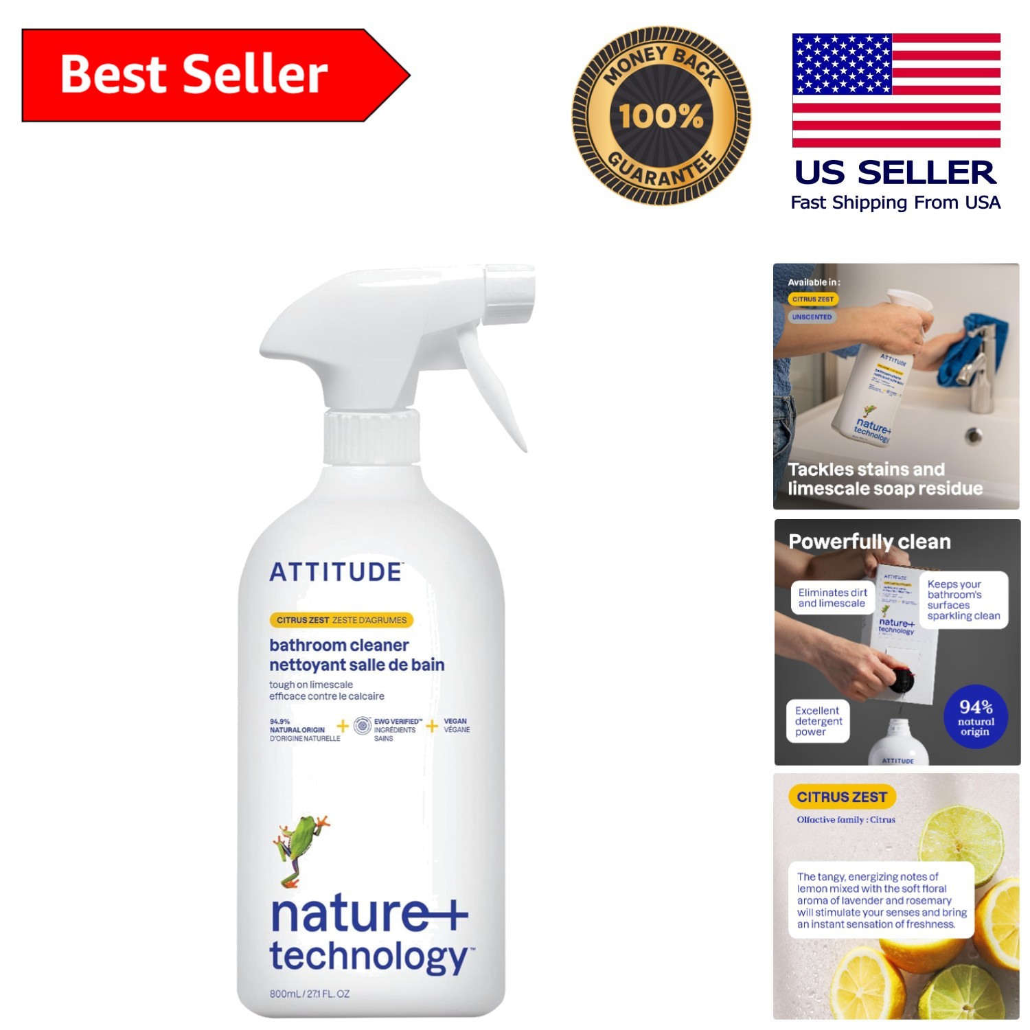 Naturally Derived Bathroom Cleaner Spray – Safe for Tiles & Tubs, 27.1 Fl Oz