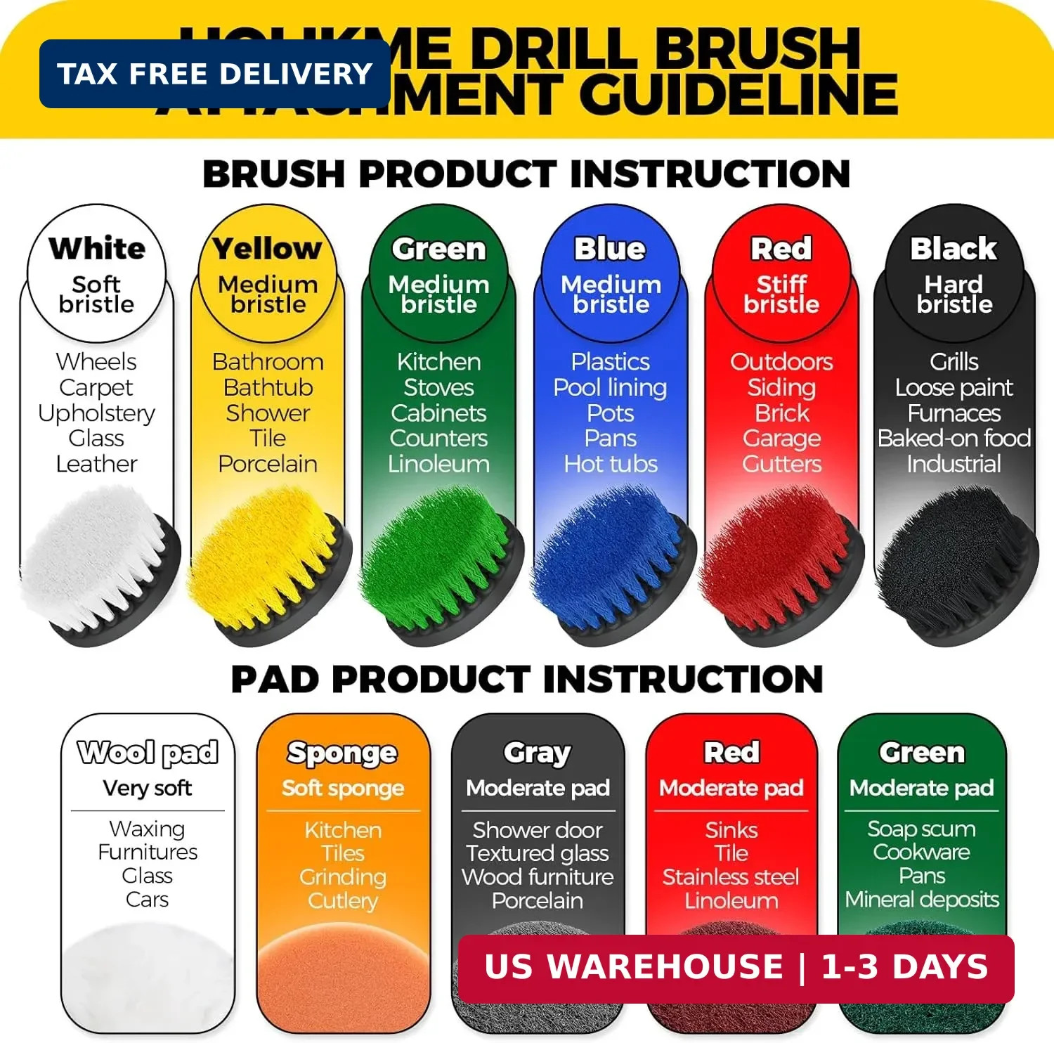 Holikme 11 Piece Drill Brush Attachment Set Scouring Pads Power Scrubber Brush S