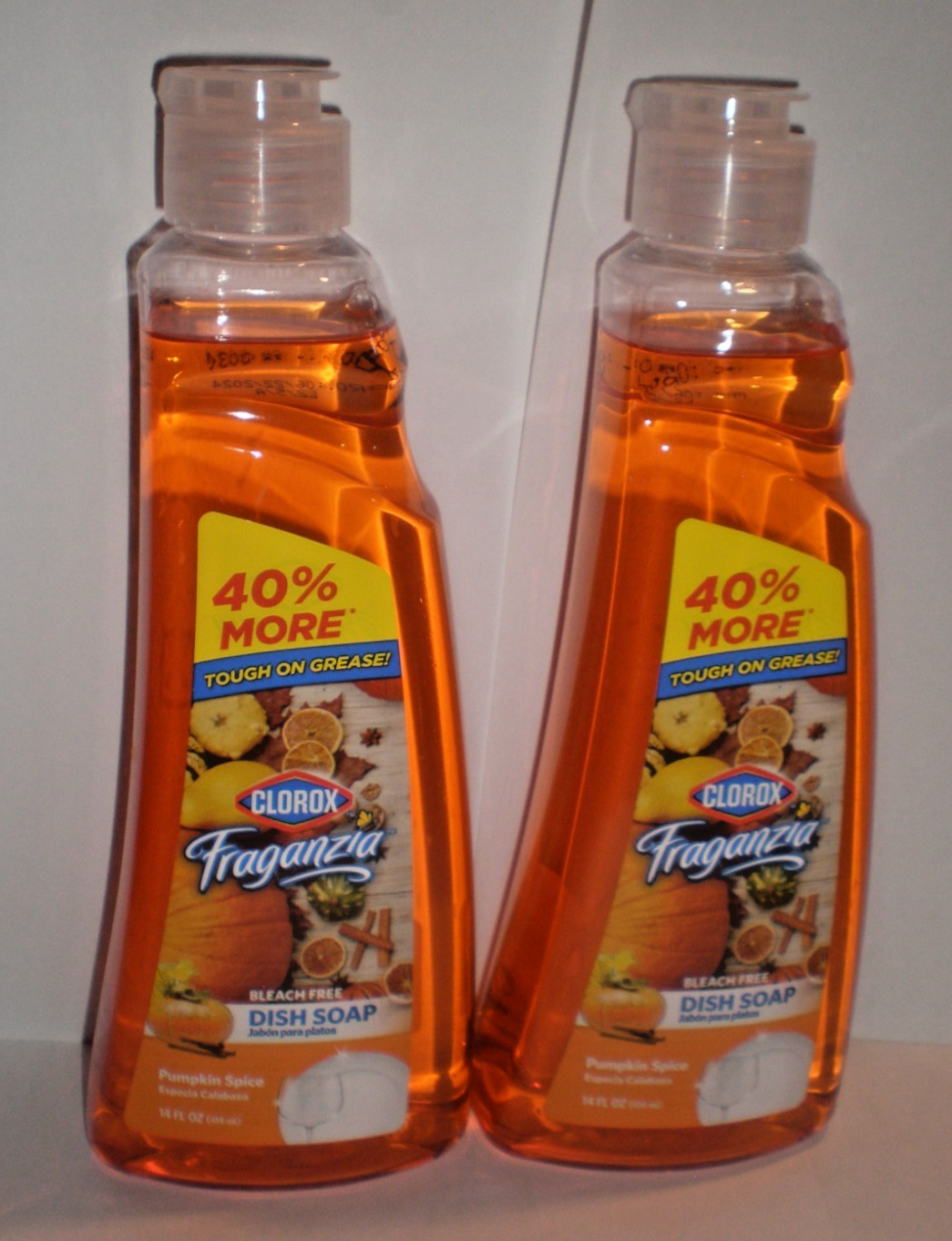 (2) FRAGANZIA BLEACH FREE PUMPKIN SPICE Dish Liquid TOUGH ON GREASE 14 FL OZ Ea